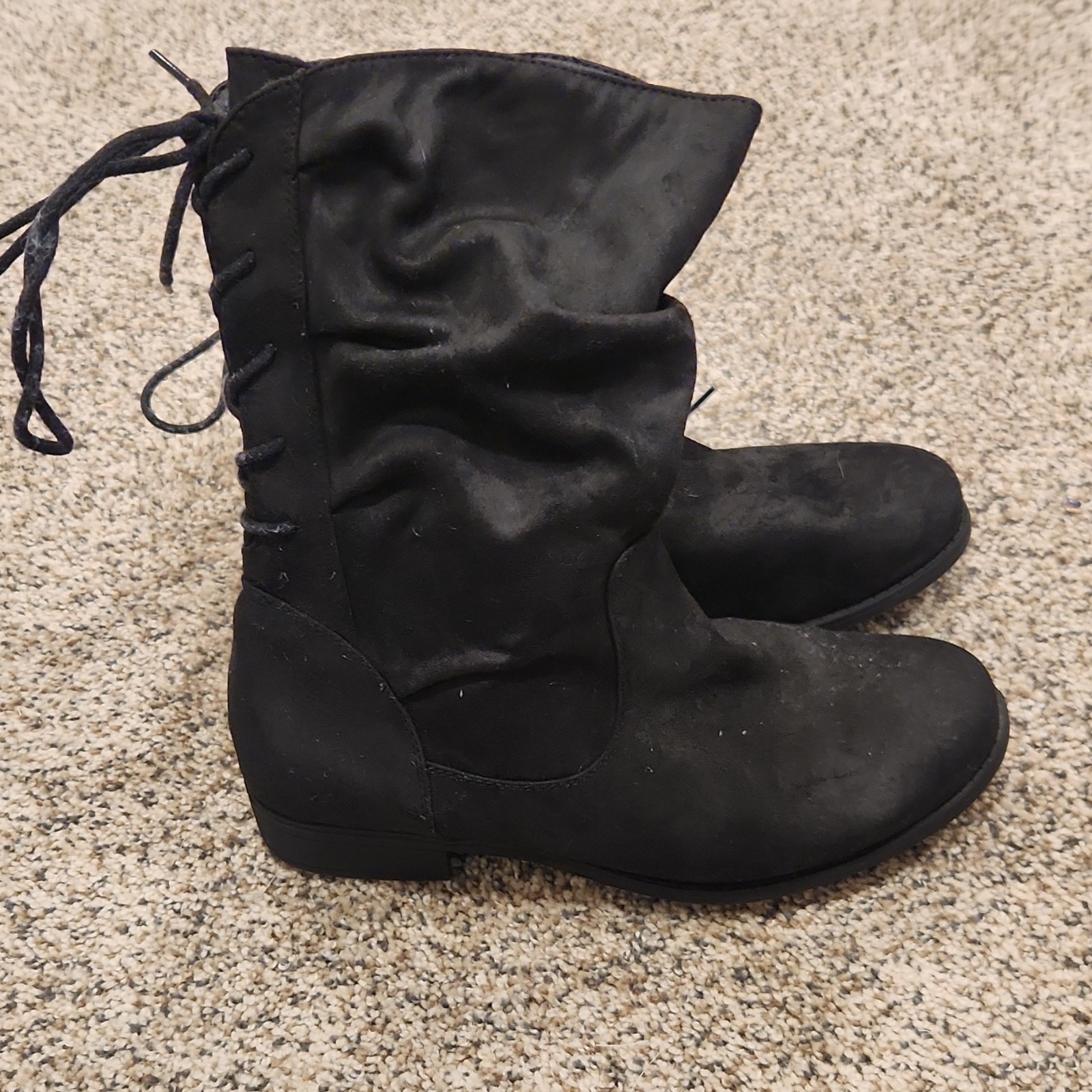 Women’s Black Faux Suede Slouch Mid-Calf Boots Side Zip Lace-Up Back 8.5 XW