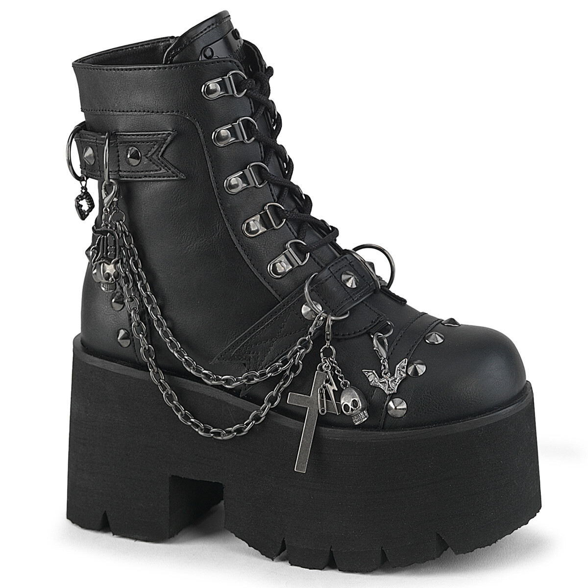 DEMONIA ASHES-52 Chunky Platform Goth Punk Chains Cross Black Womens Ankle Boots