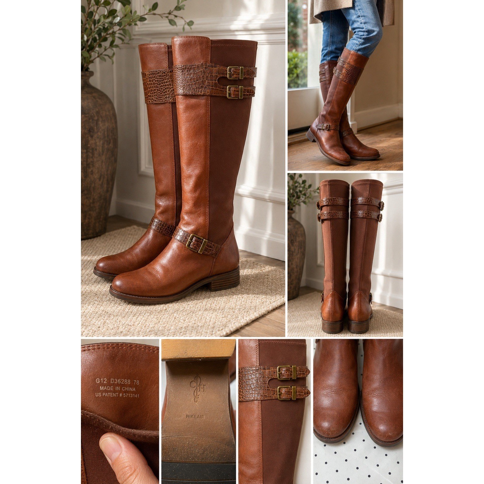 Cole Haan NikeAir Brown Leather Knee High Riding Boots Stretch Back Women’s 7B