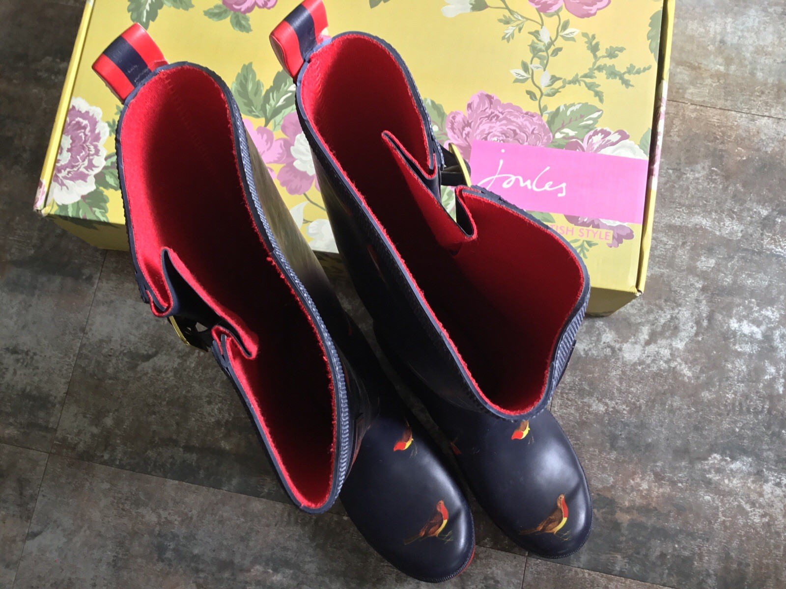 Women’s Joules Tall Rain Boots Sz 9 Welly Print Robin Bird Navy Red New NIB 2015