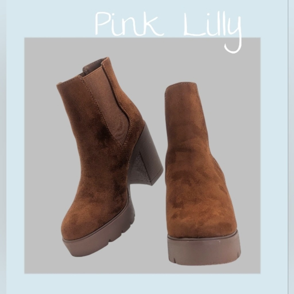 Pink Lily Brown Suede-Like Platform Block Heel Ankle Boots – 8.5