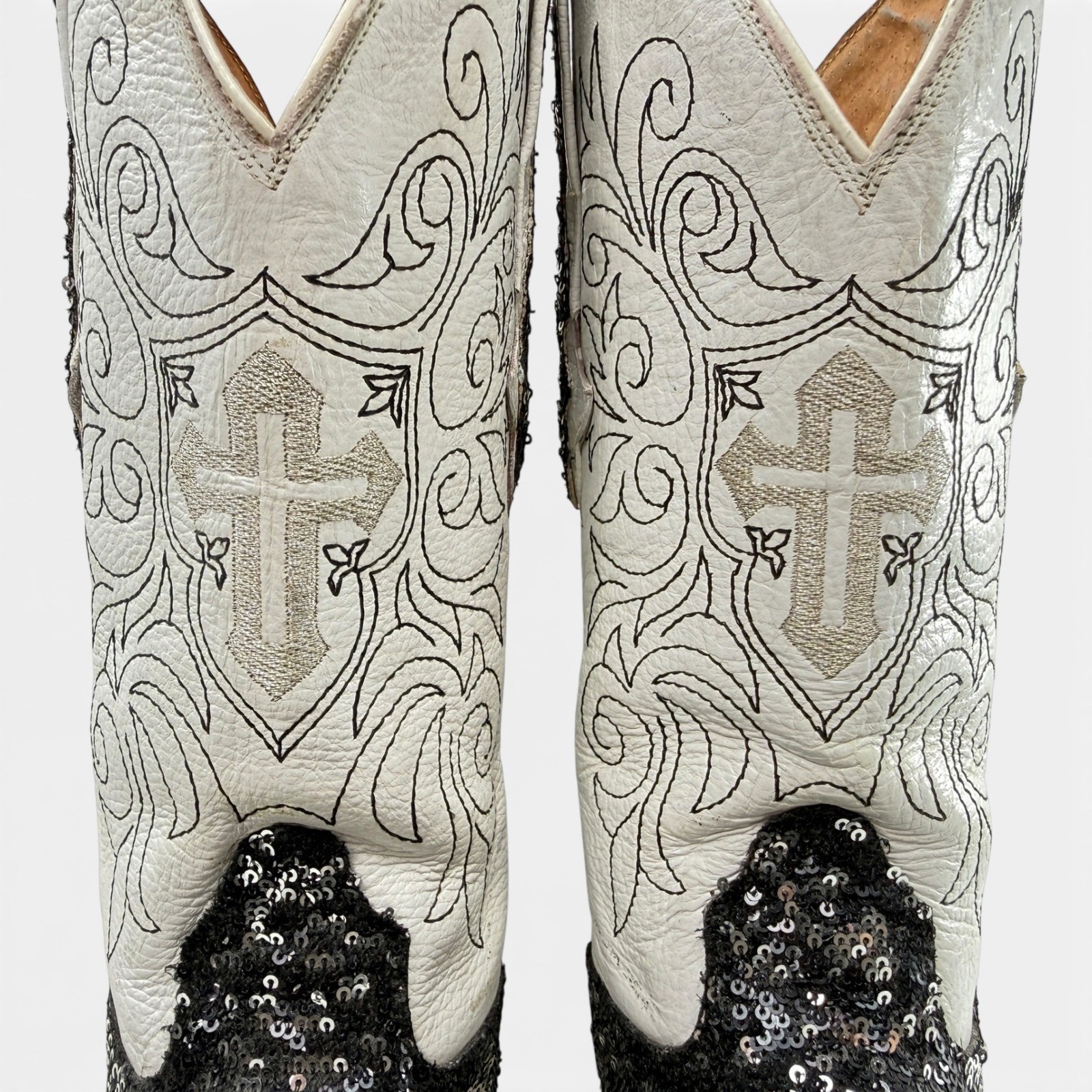 El General Sequin Western Cowboy Boot Women 8 Sharp Pointed Snip Toe Cross Black