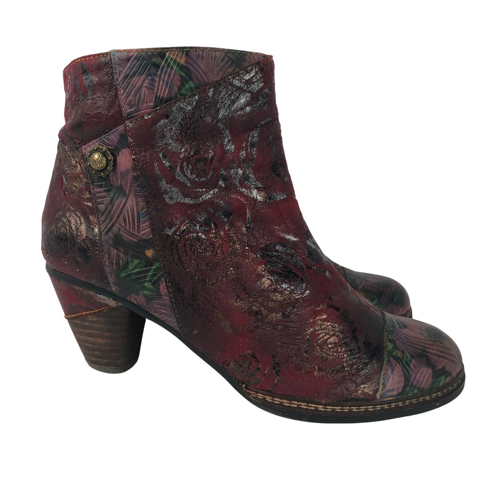 L’Artiste Spring Step Waterlily Floral Leather Ankle Boots Sz 39 Red Metallic