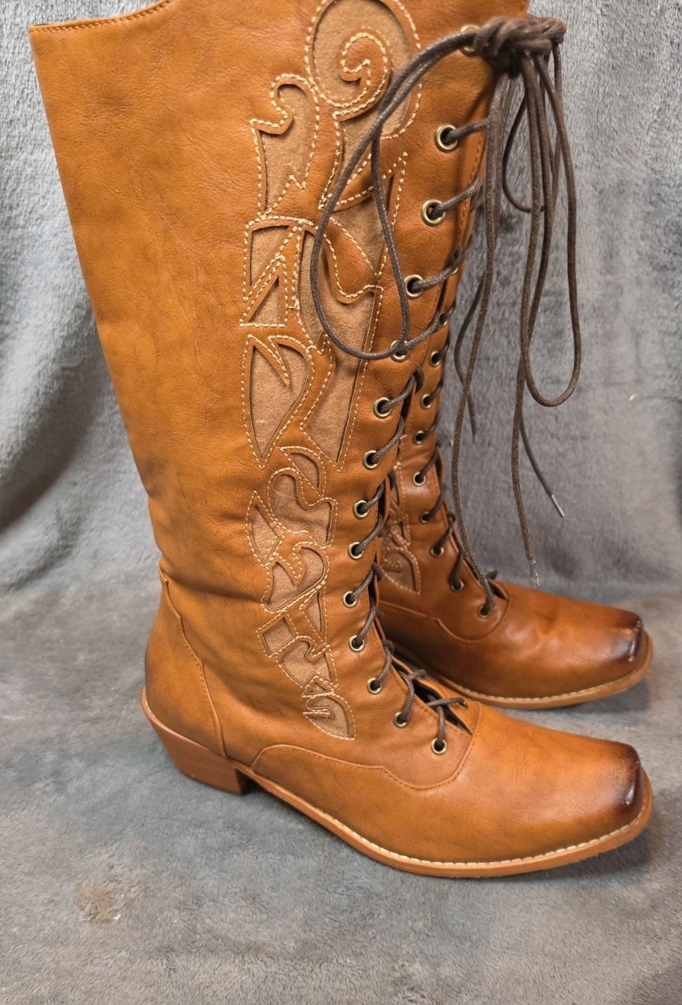 Western Square Toe Knee High Cowgirl Boots Brown Size 10.5 Lace Up Festival