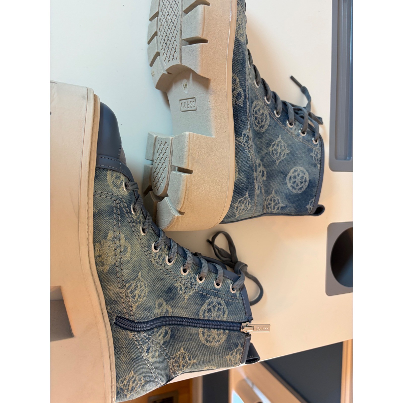 Guess Combat Boots Womens 8M Denim Monogram Platform Lug Sole Blue Zip Up