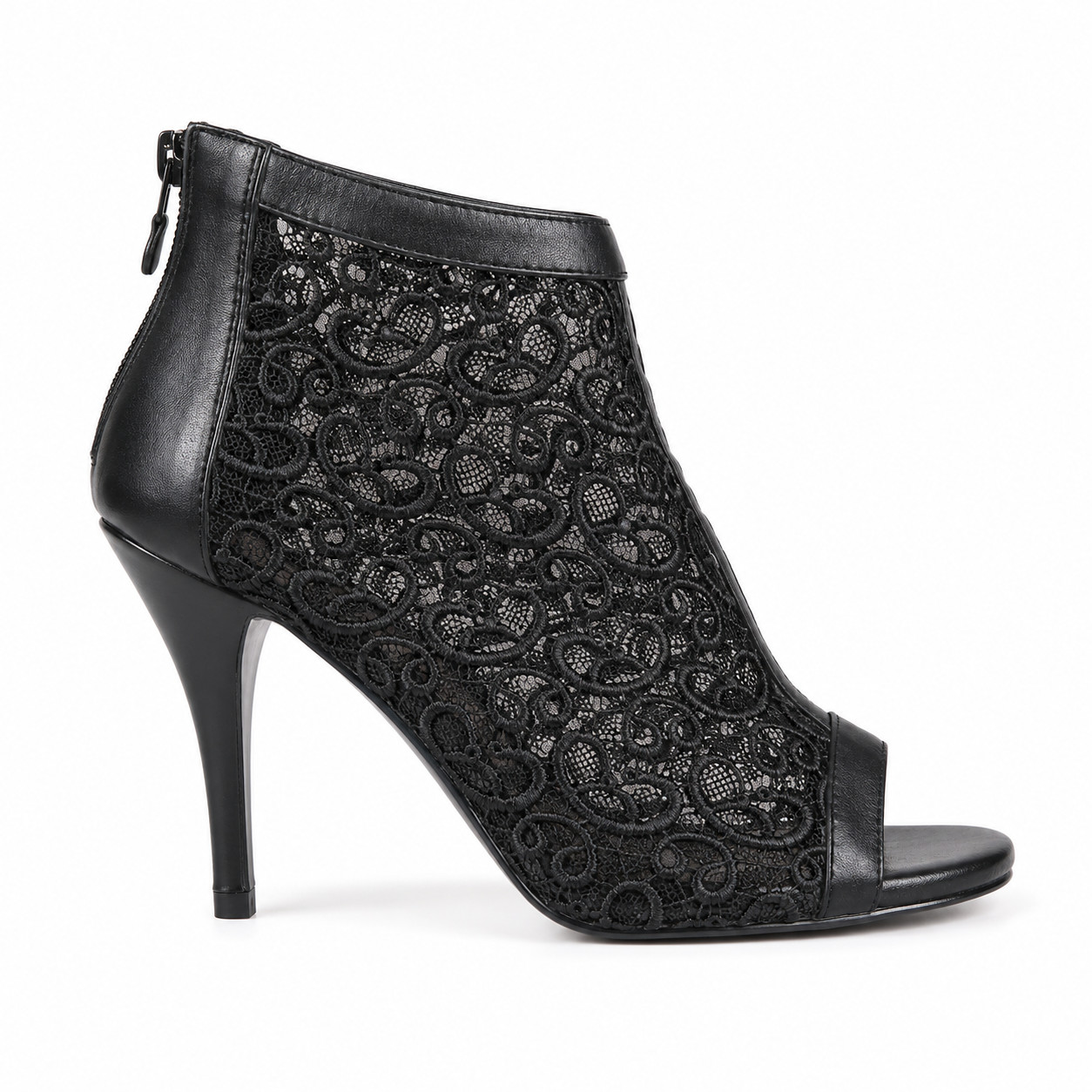 Women’s Black Lace Peep Toe Stiletto Booties Zip Back EU 37 US 7 New