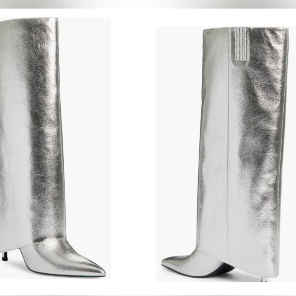 NWOT Open Edit Silver Metallic Knee-High Boots Pointed Toe Holiday Party Sz 8