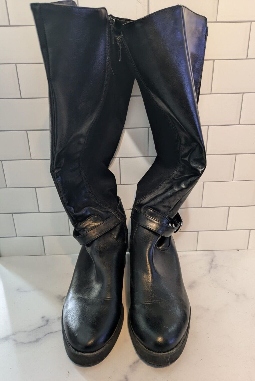 Womens Tall Boots, Low Heel, Black Fuax Leather and Suede – Brand Unknown