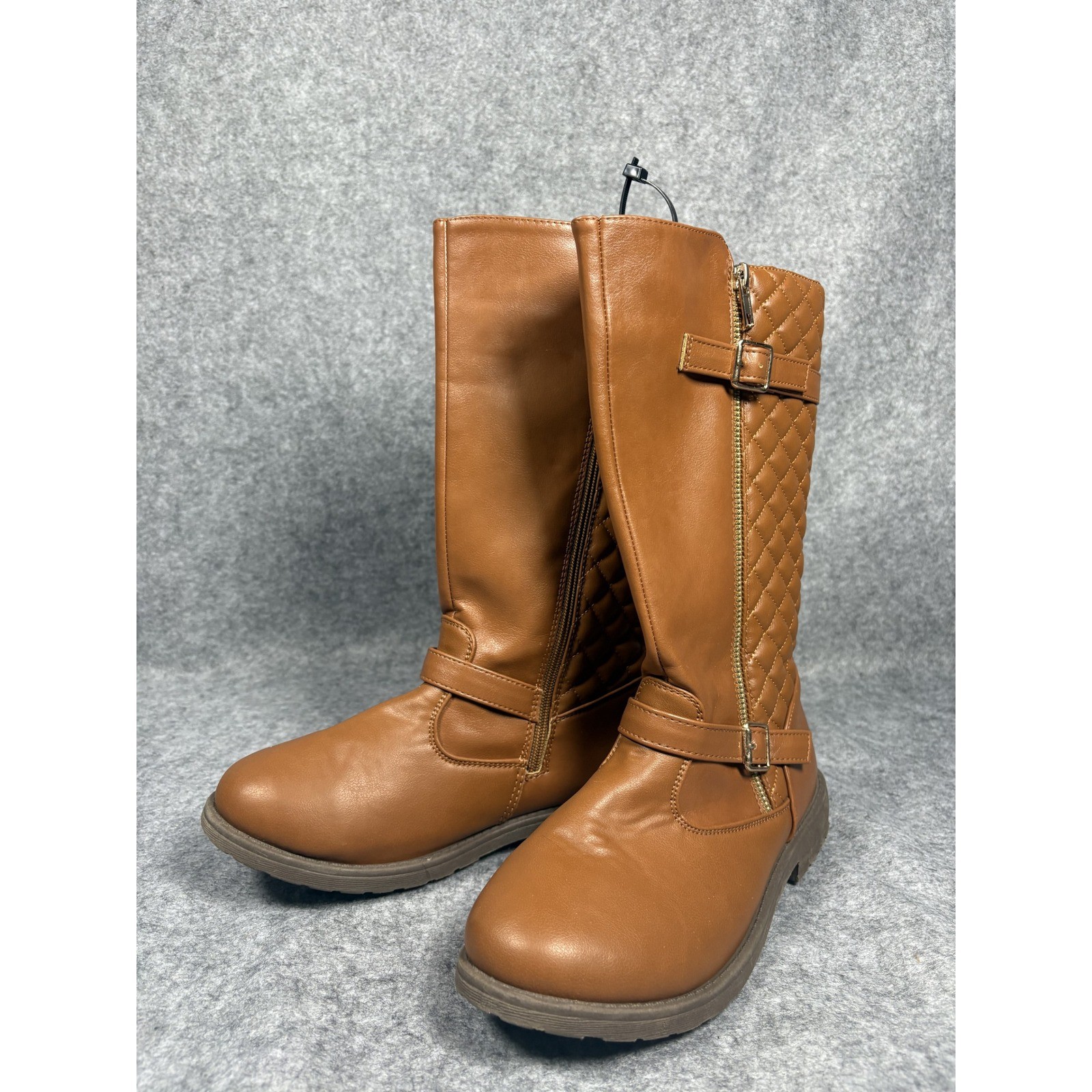 Unbranded Cognac Brown Quilted Tall Riding Boots Side Zip Buckle Womens 6 EU 38