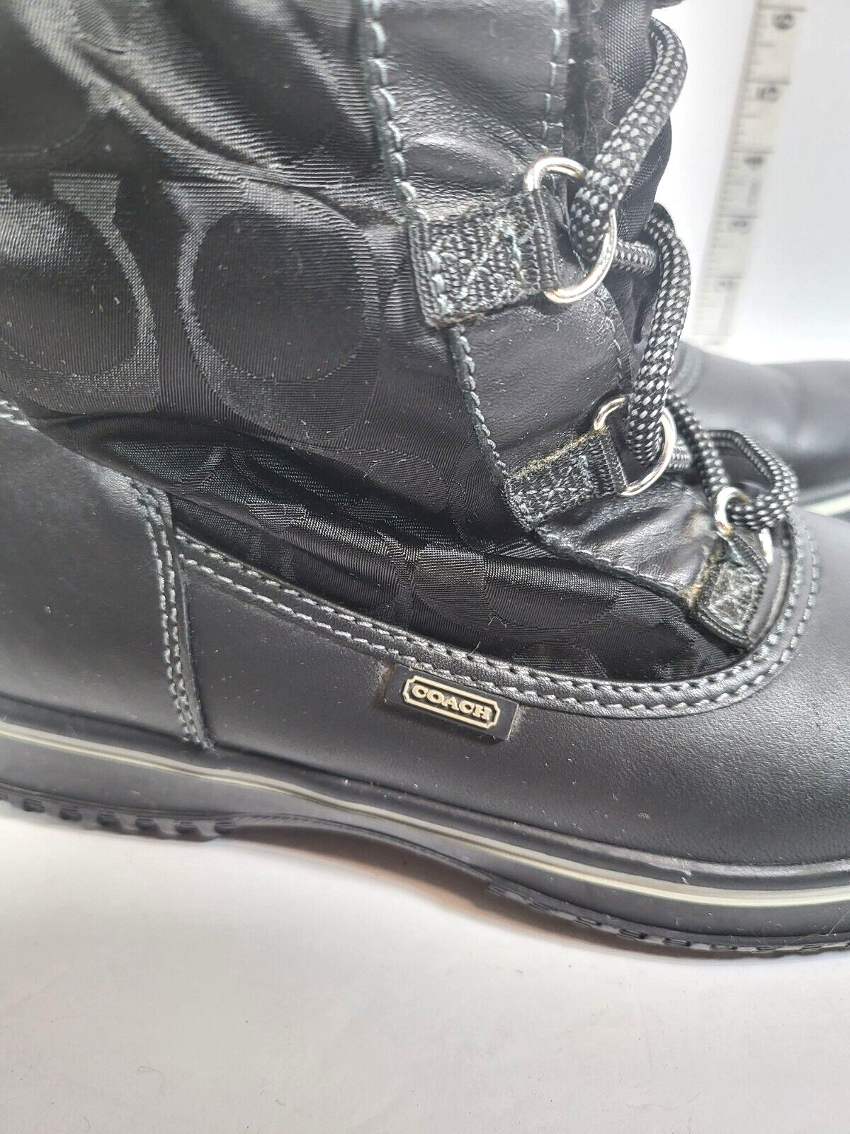 Coach Women’s Black Winter Snow Boots 7.5 Shaine Lined Nylon Leather Logo