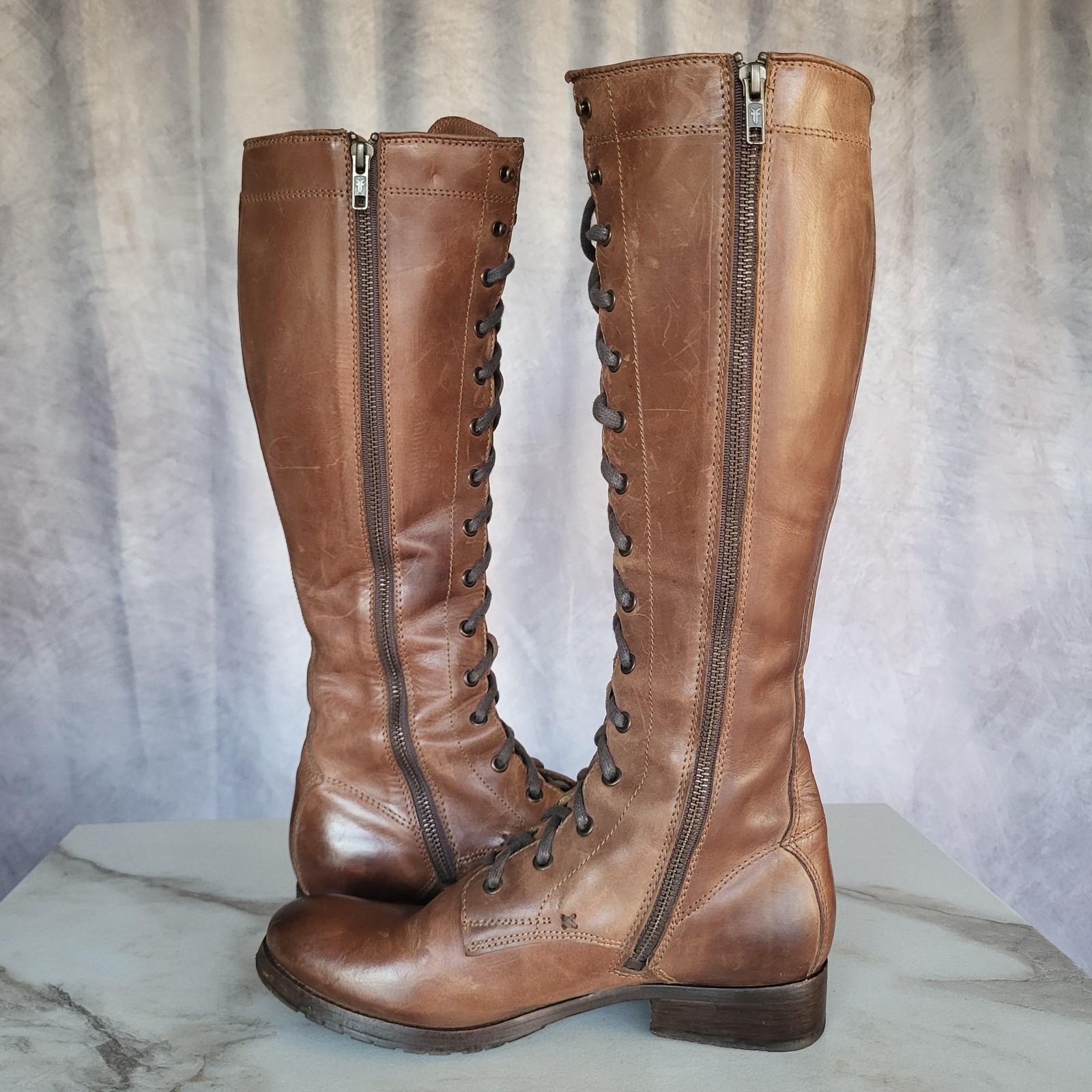 Frye Lace Up Riding Boots Womens Size 8.5 Brown Leather Knee High Tall Zip