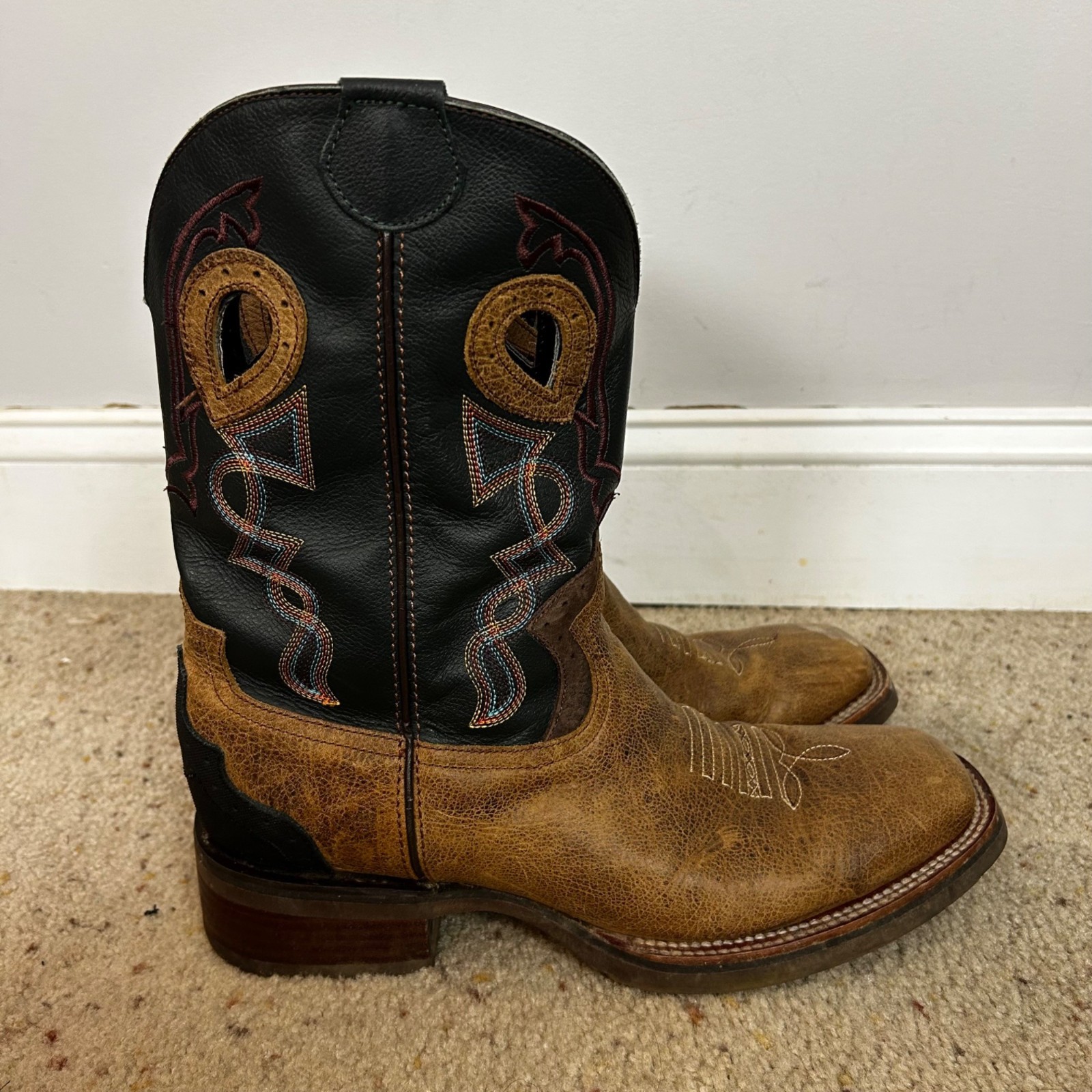 JB Dillon Western Boots Leather Pull On Decorative Stitching Square Toe Size 12D