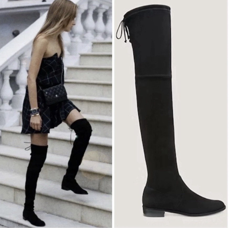 Stuart Weitzman Lowland Flat Stretch Black Suede Over Knee Boots Size US 5