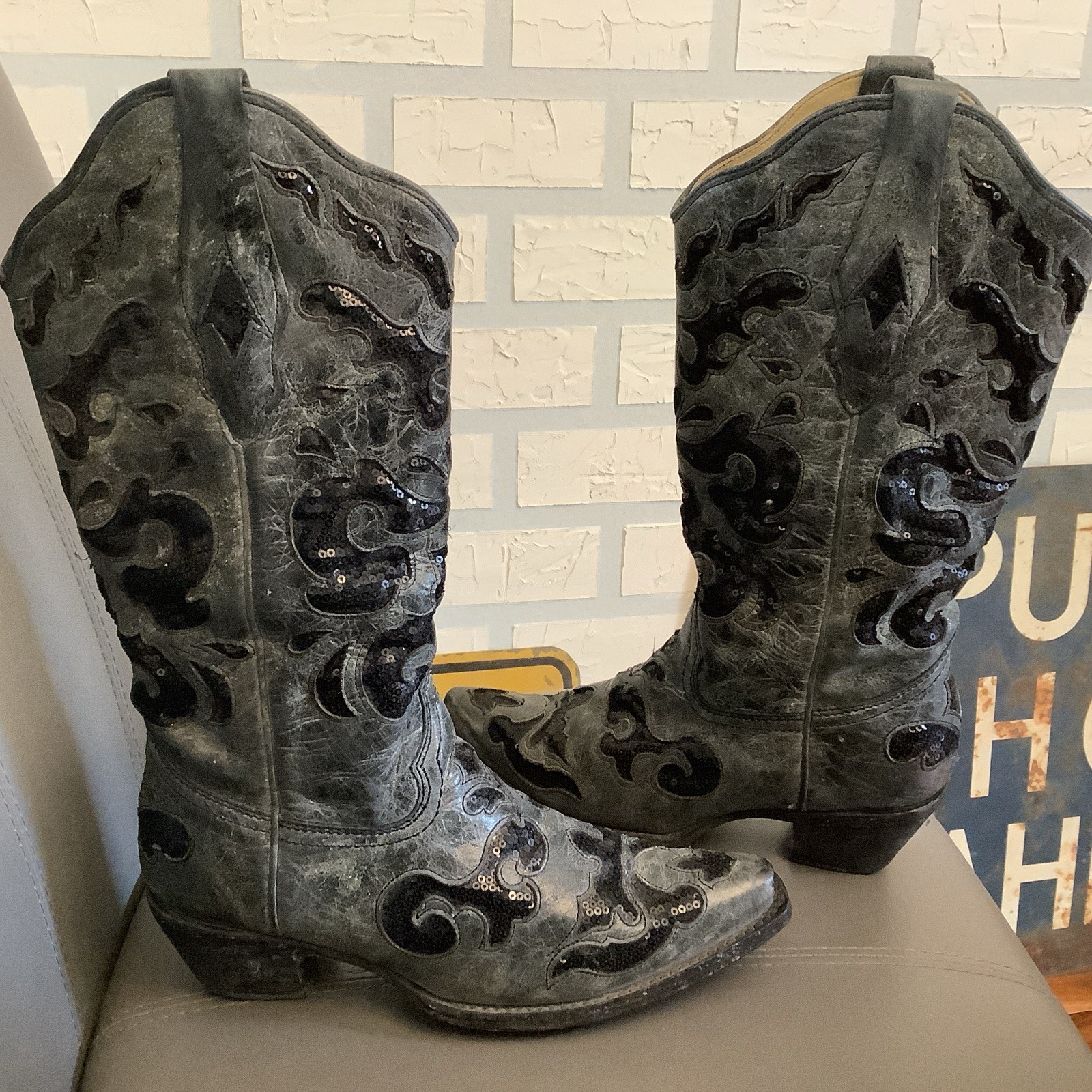 Corral Womens Sz 6.5M CARMEN A1065 Black Gray Sequins Inlay Leather Cowboy Boots