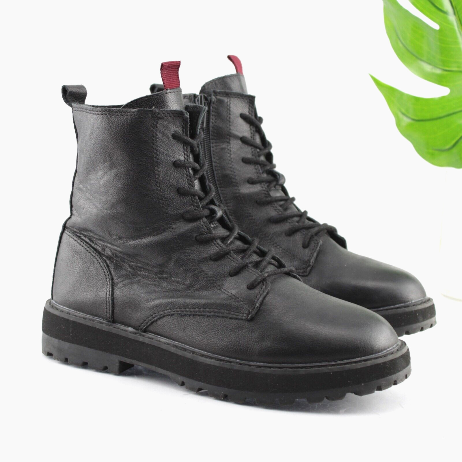Zara Womens Combat Boot Size 37 6.5 Black Leather Lace Up Chunky Lug Sole Bootie