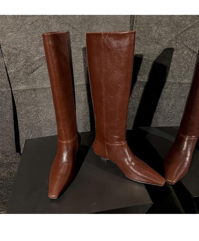 Vintage Women’s Low Heel Pull on Leather Knee High Boots Square Toe Casual Party