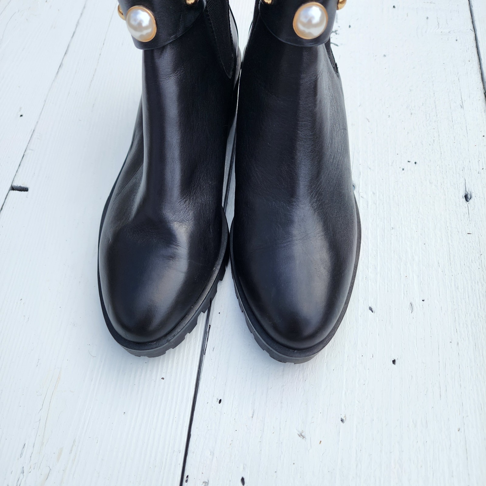 Karl Lagerfeld PARIS Porshay Lug Sole Embellished Leather Combat Boots 9.5 /40.5