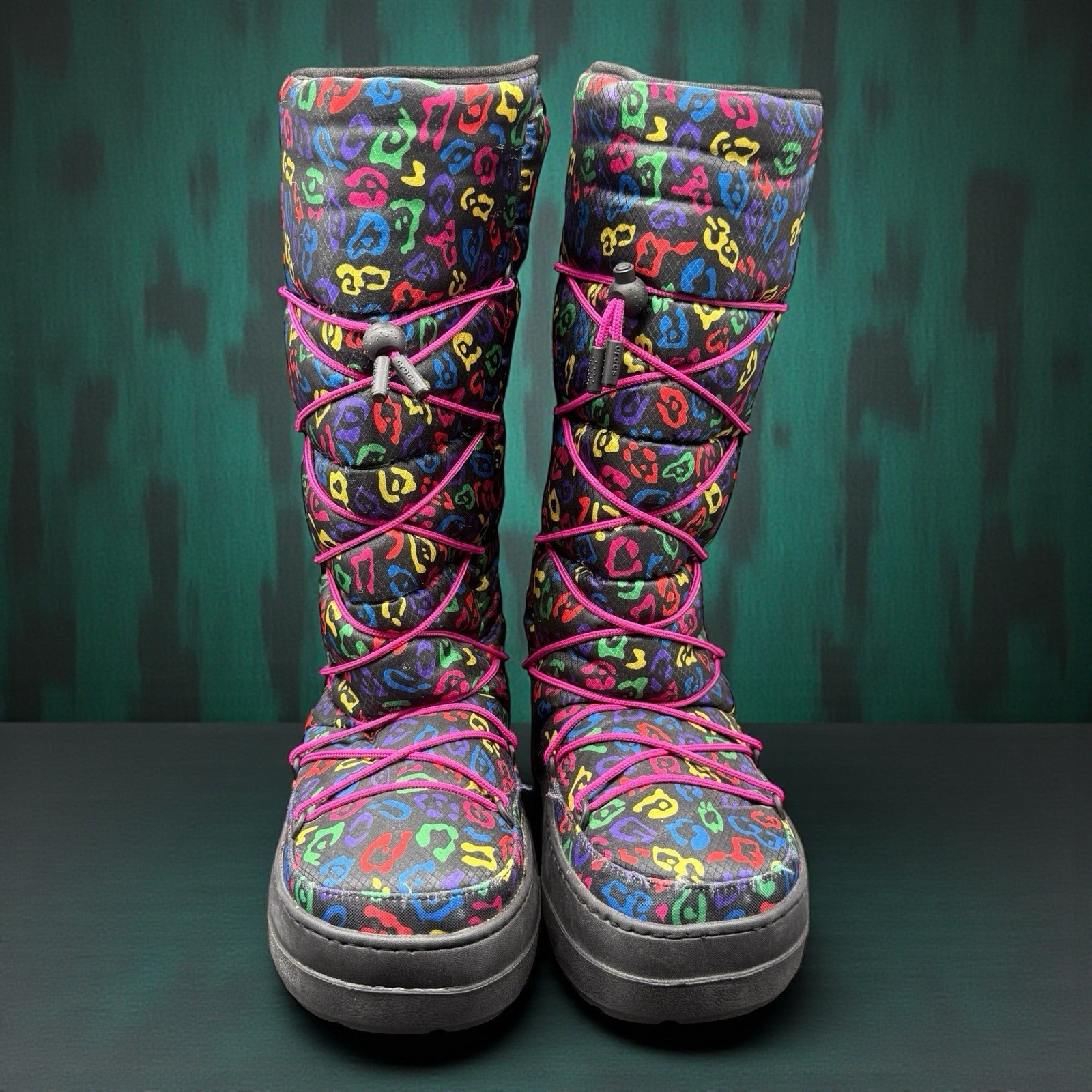 Crocs Kosmo Tall Mid Calf Leopard Multicolored Y2K Pink Puffy Snow Boots Sz 10