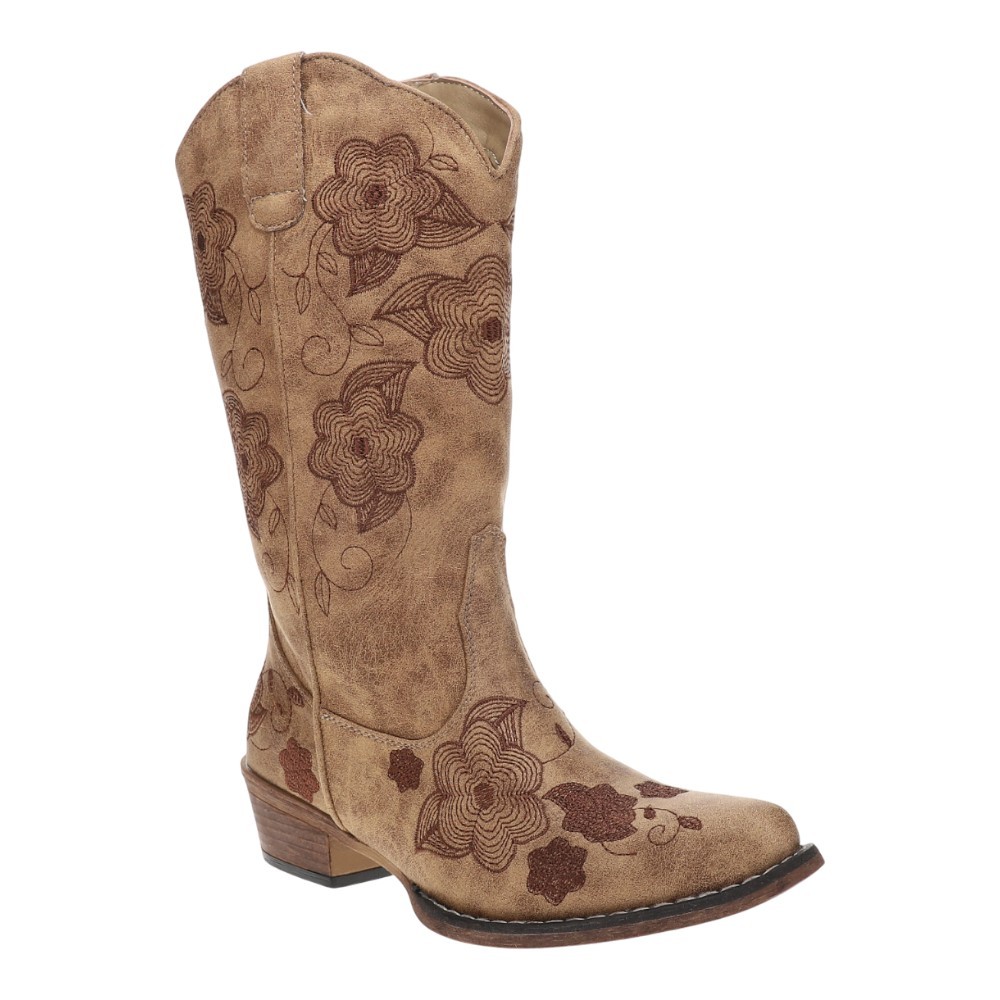 Roper Riley Flowers Floral Embroidered Snip Toe Pull On Cowboy Womens Brown Cas