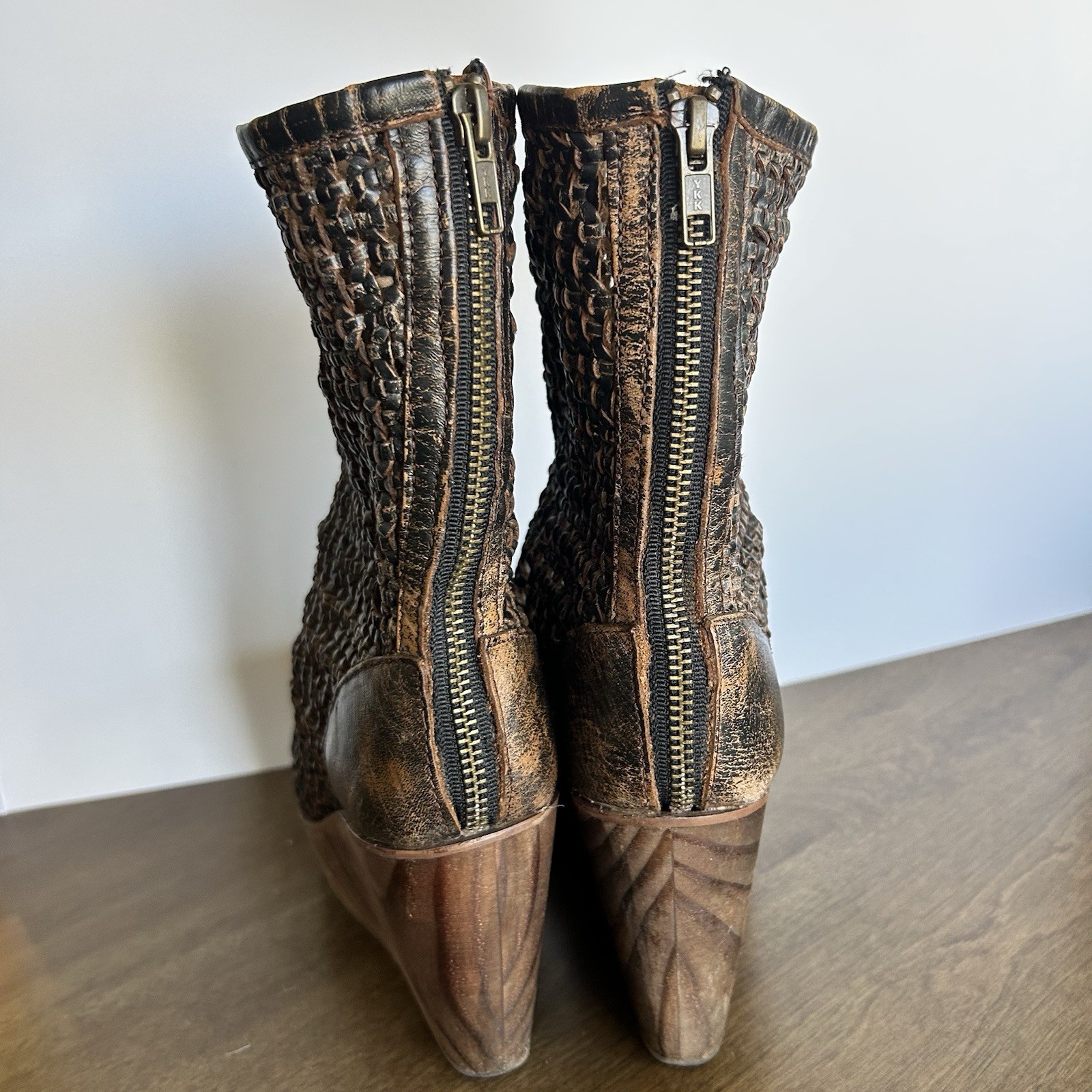 BED STU Size 6 DARK BROWN Women Bruges Leather & Knit Chic Wedge Boots Rustic