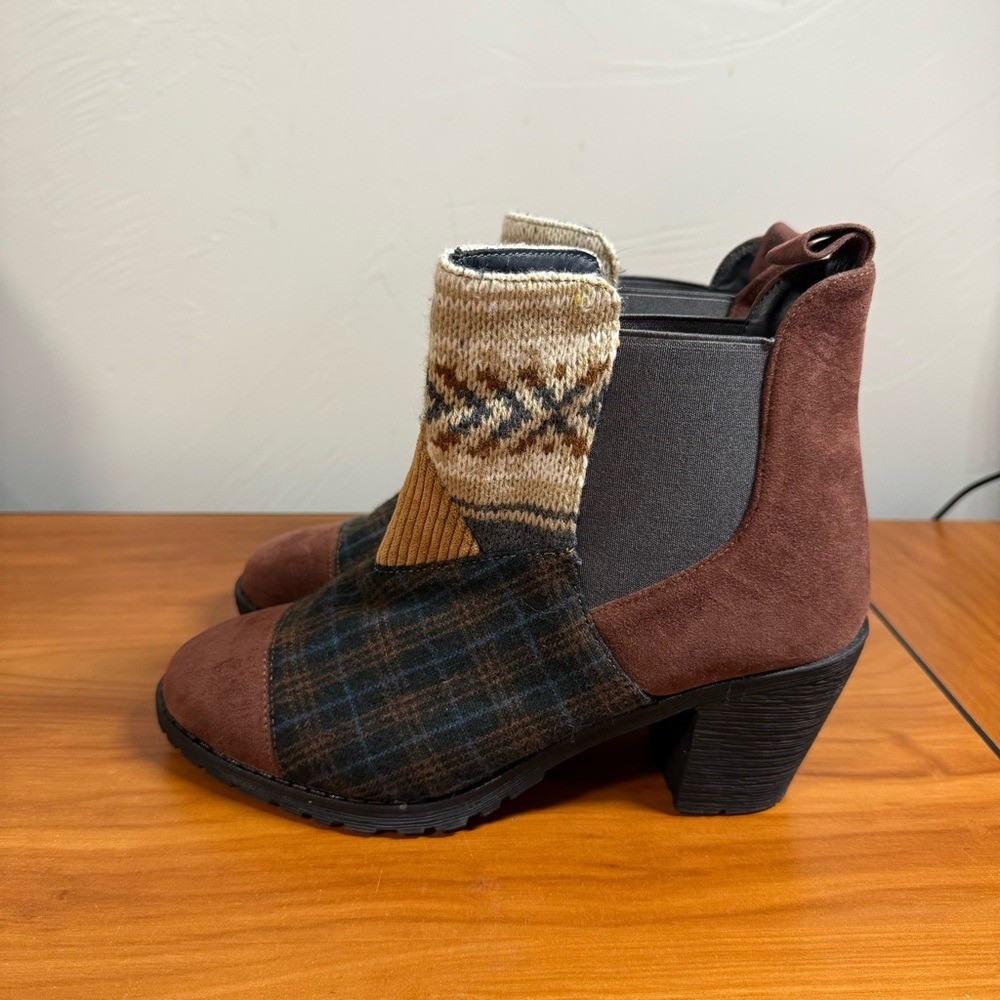 Muk Luk Nadine Pull on Bootie Stacked Heel Patches Cognac Fall Ankle Waterproof
