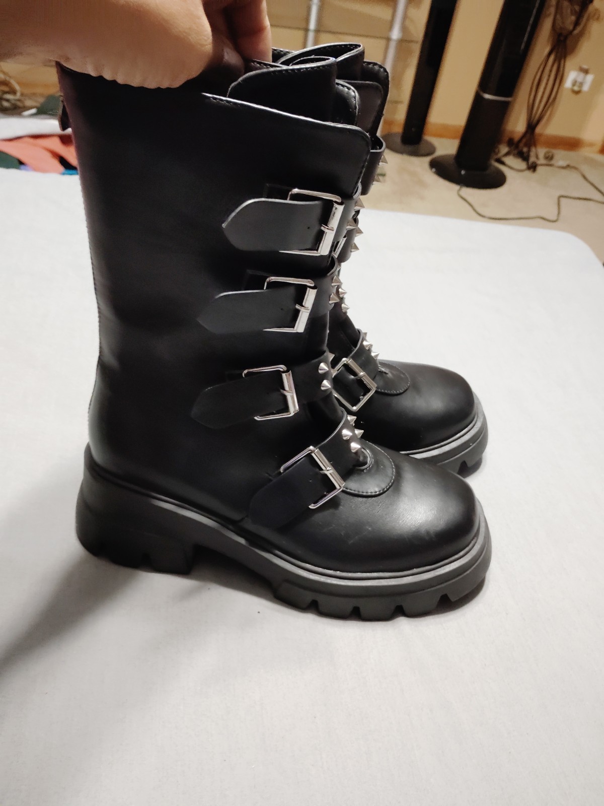 NEW Azalea Wang Spiker Grunge Gothic Buckle Biker Black Back Zip Chunky Boots 10