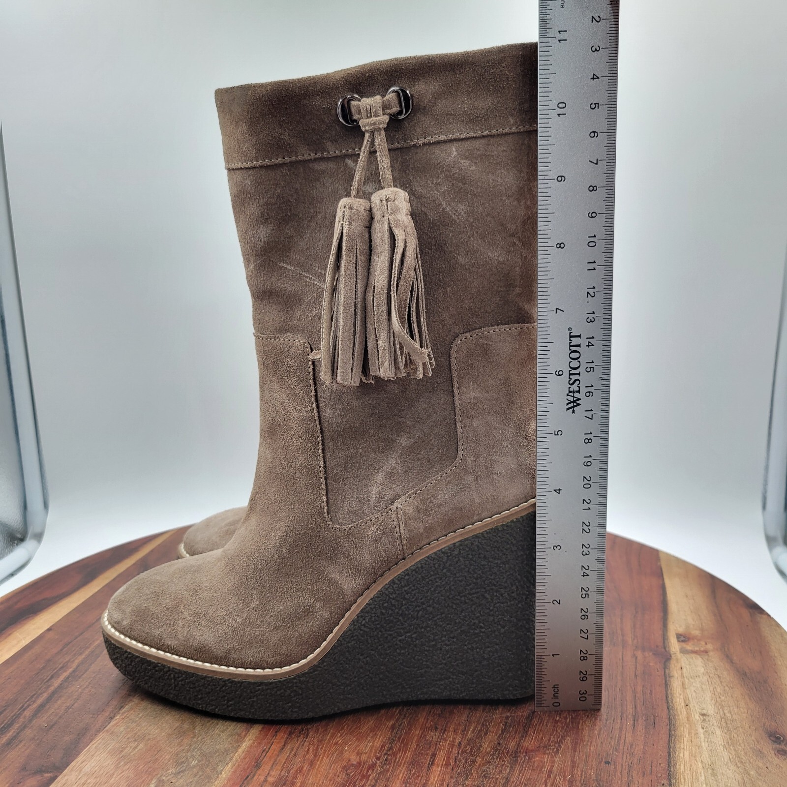 Aquatalia Viola Boots Women’s 5.5 Brown Suede Tasseled Fringe Mid Calf Wedge
