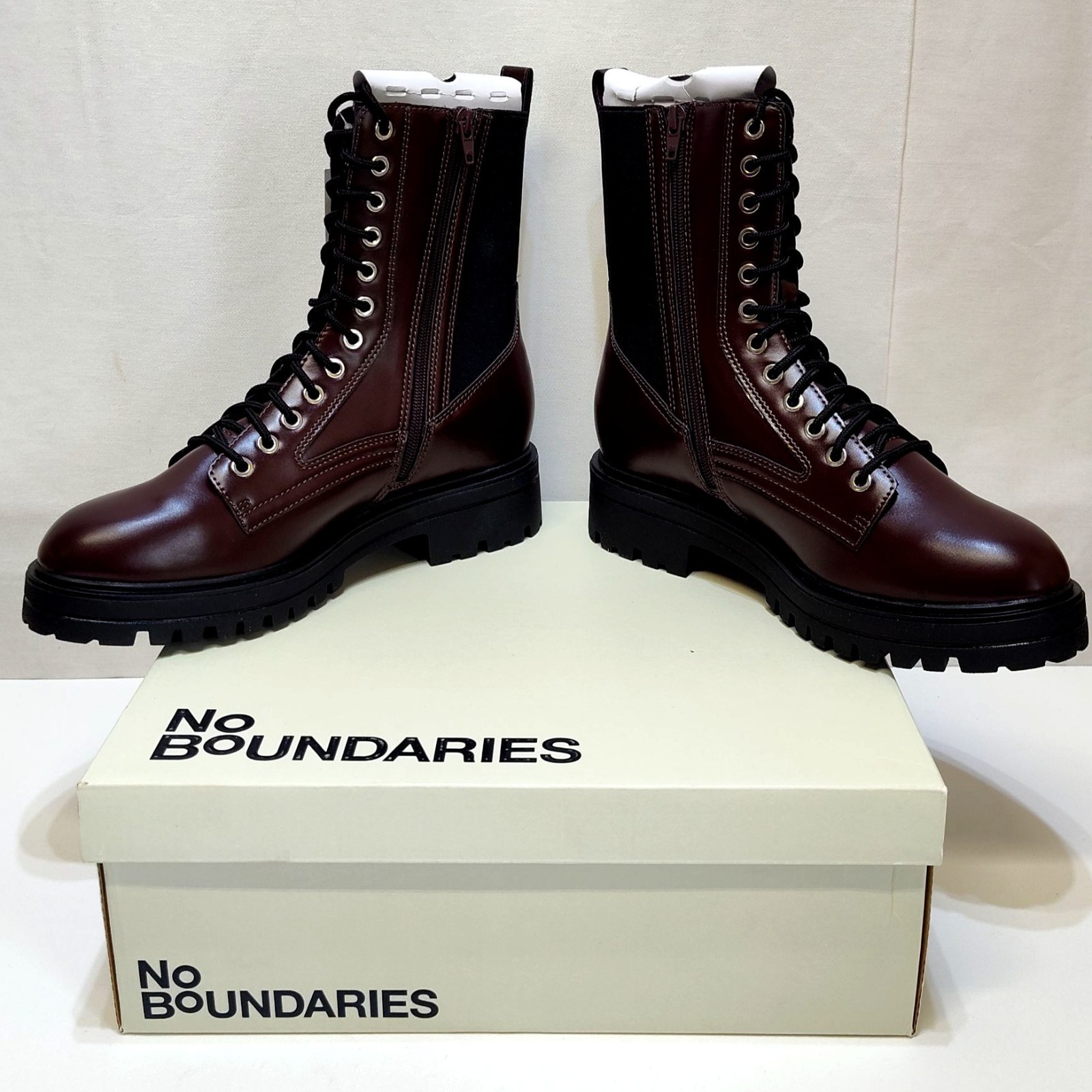 No Boundaries Knit Combat Boots US 10 Burgundy Lace Up Inside Zipper Memory Foam