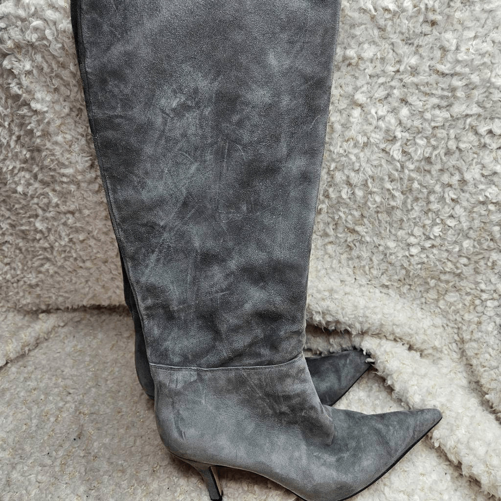 Hobbs London Gray Suede Leather Tall Slip-on Pointed Toe Boots sz 38
