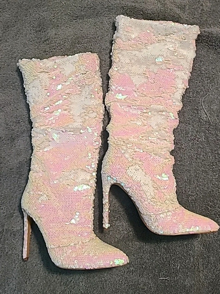 New Liliana Pink/white Sequin Slouch Knee Boots- Women’s Size 7 Noy