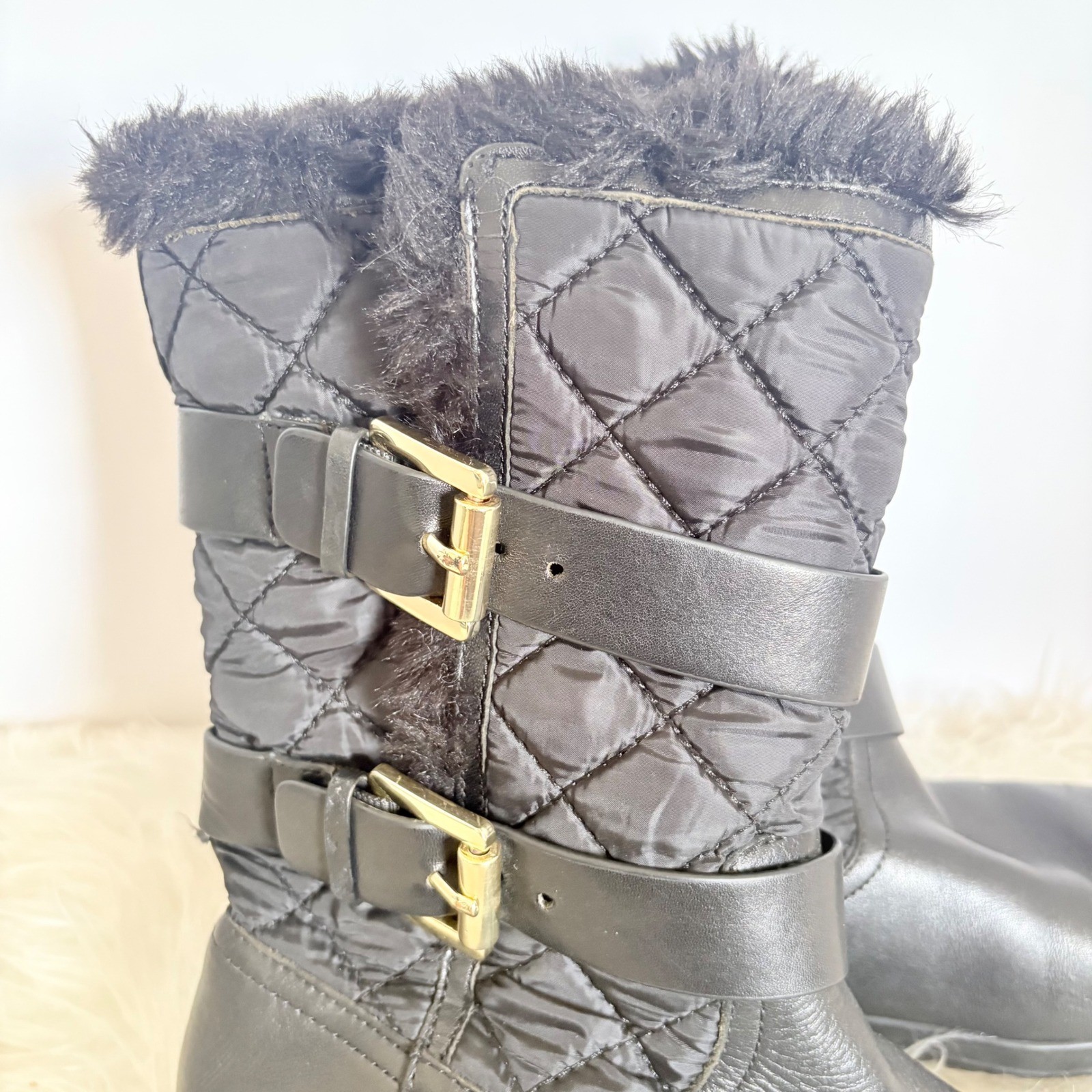 Michael Kors Black Quilted Faux Fur Trim Buckle Boots AQ13G 7M