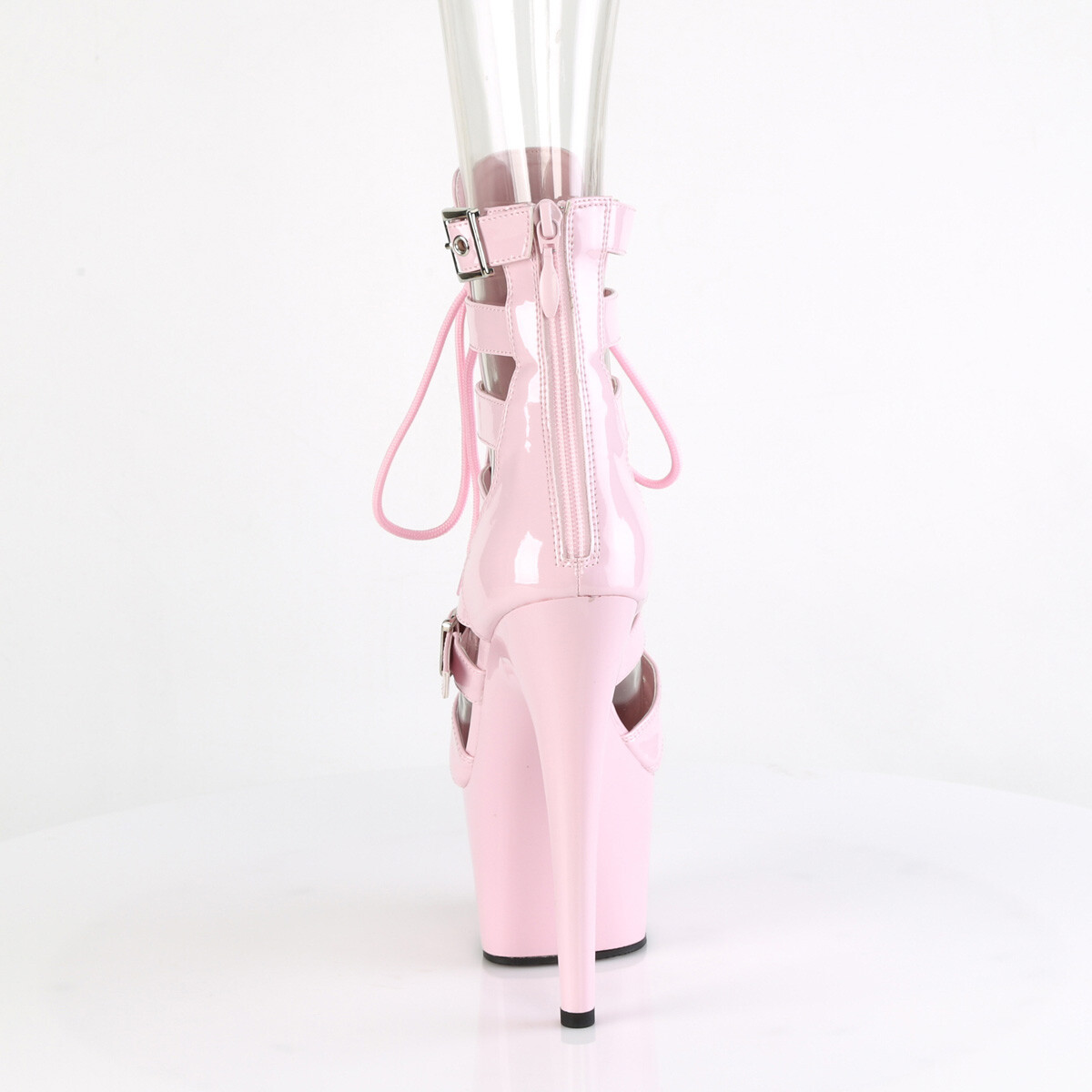 PINK LACE UP-CAGE LIKE-7″ DUAL ADJUST BUCKLES-BACK ZIP-Sz 5 6 7 8 9 10