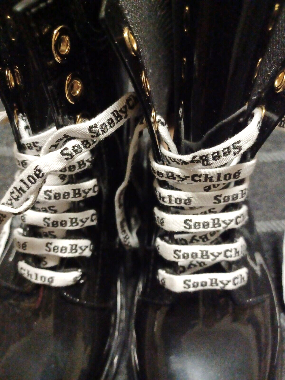 See by Chloé Florrie Lace-Up Rain black rubber Boots signature laces .38 EU/8 US