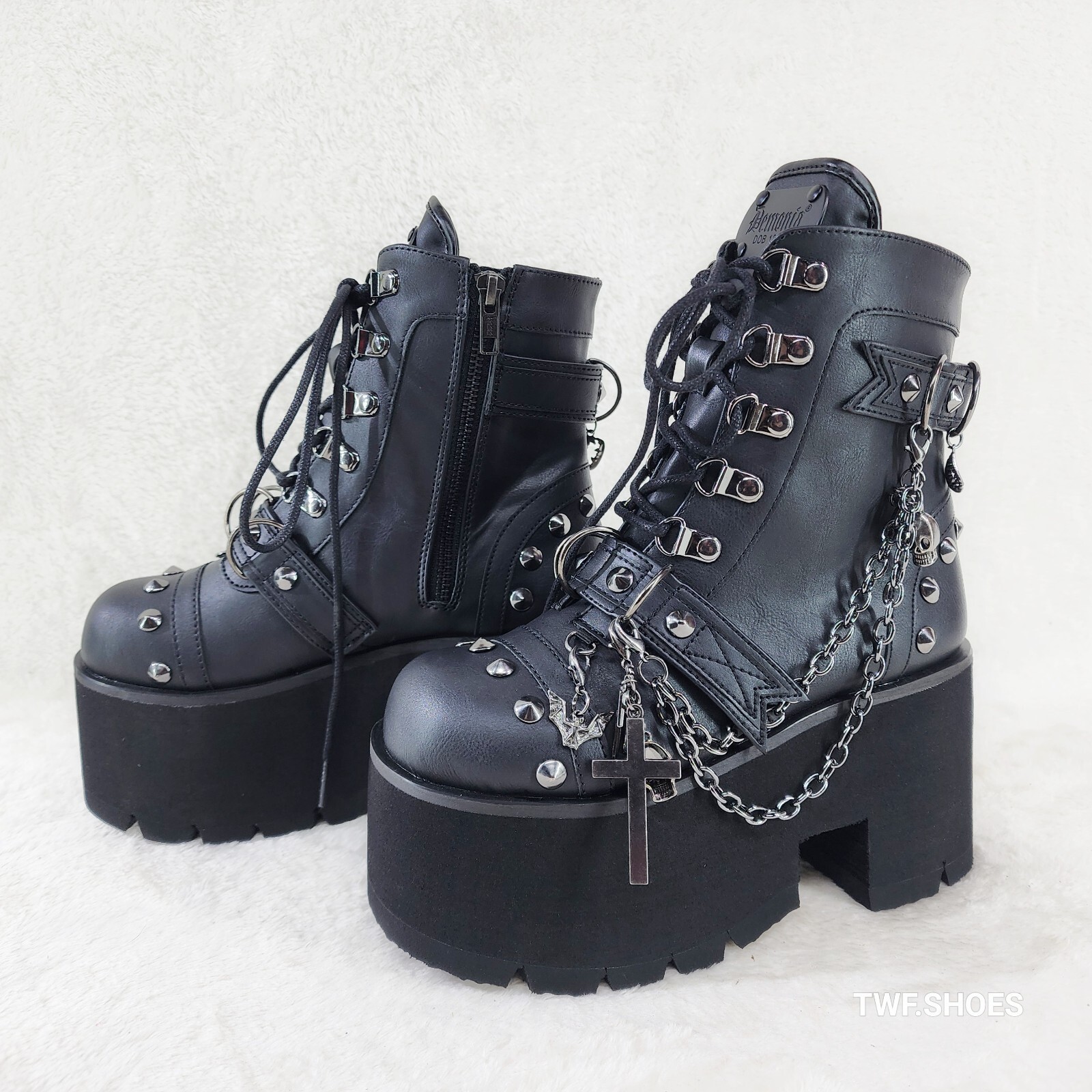 Ashes 3.5″ Platform Goth Punk Boots Chain Charms Demonia 52