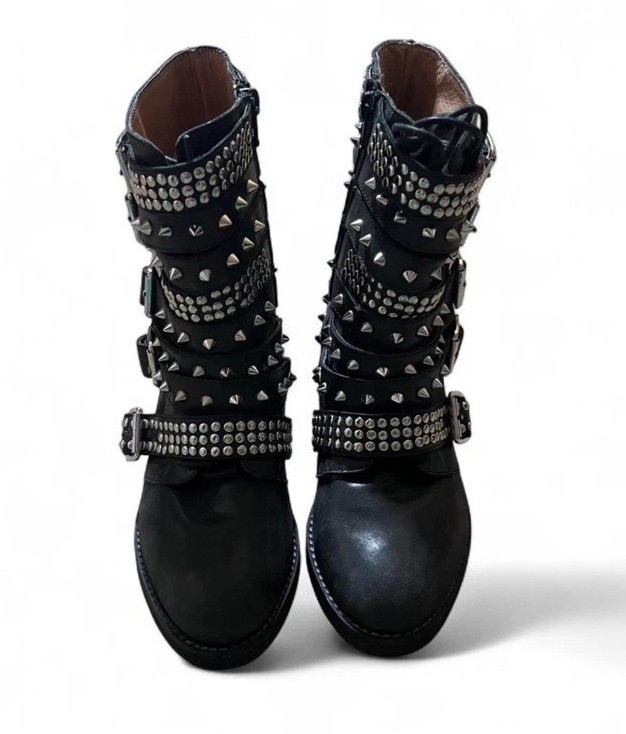 RARE Jeffrey Campbell Studded Buckle Straps Black Leather Biker Boots