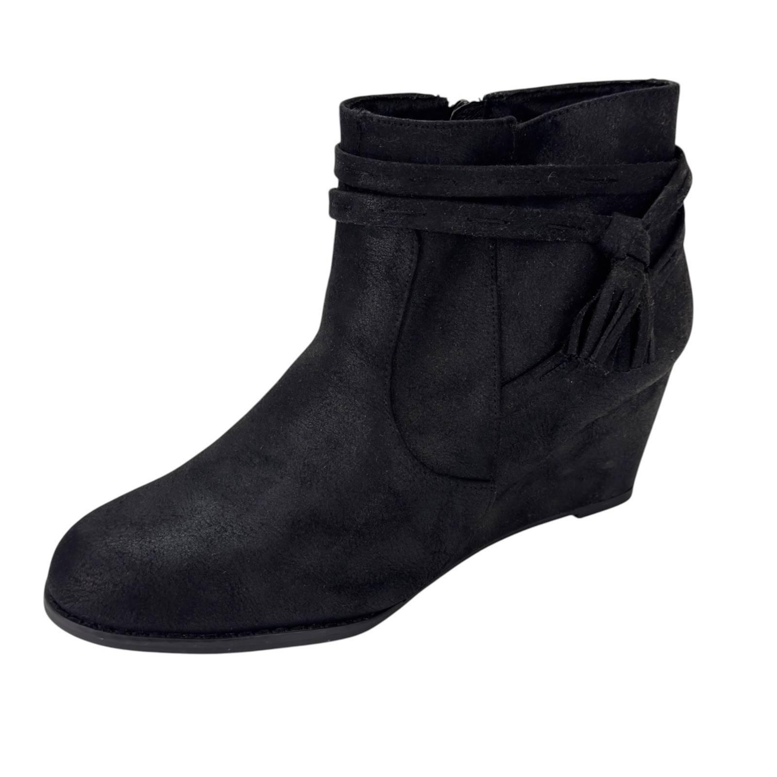 Sugar Holiday Wedge Zip Ankle Boot Tassel Fringed Black Faux Suede Womens 8.5 M