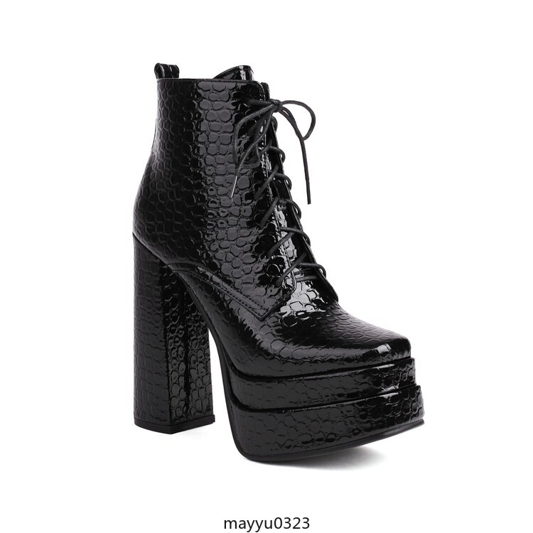Women’s High Block Heel Snakeskin Pattern Lace Up Platform Ankle Boots Shoes New