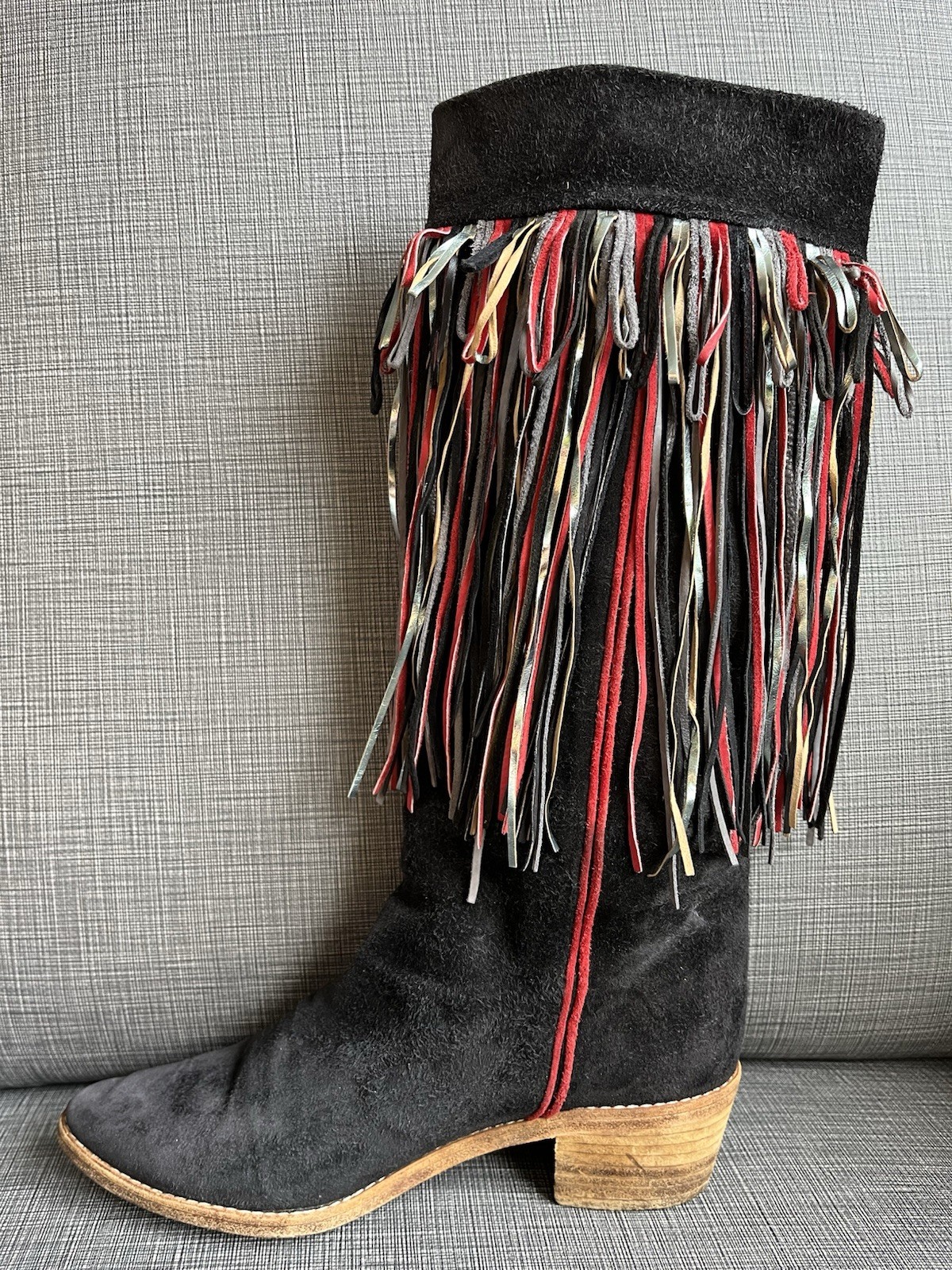 Maud Frizon Paris Vintage Black Suede Multicolor Fringe Red Piping Boots Size 37