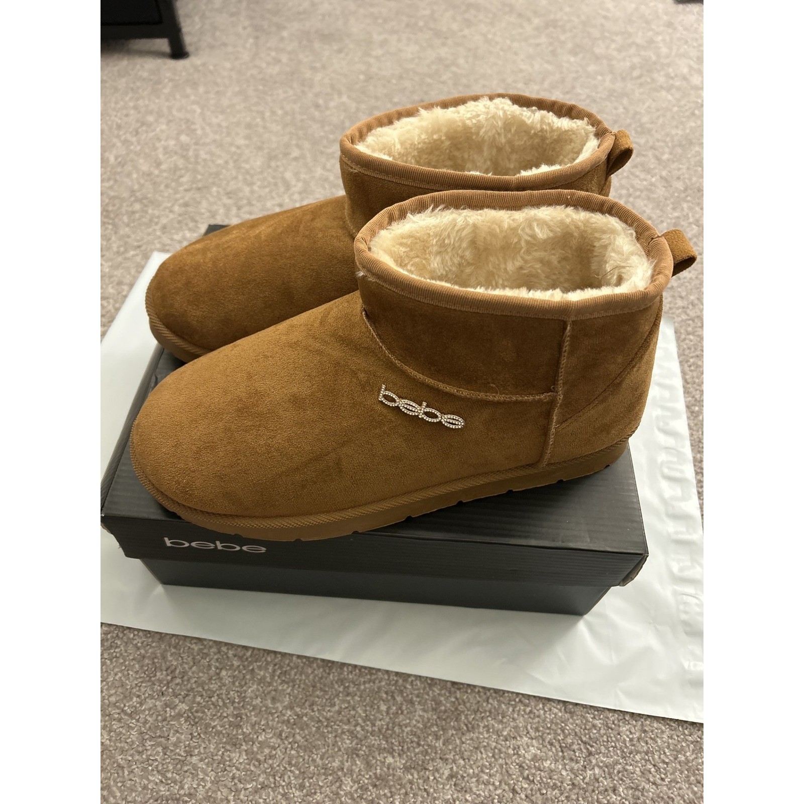 Bebe Ankle Boots Womens Size 11 Brown NEW Rhinestone Logo Faux Fur Lined