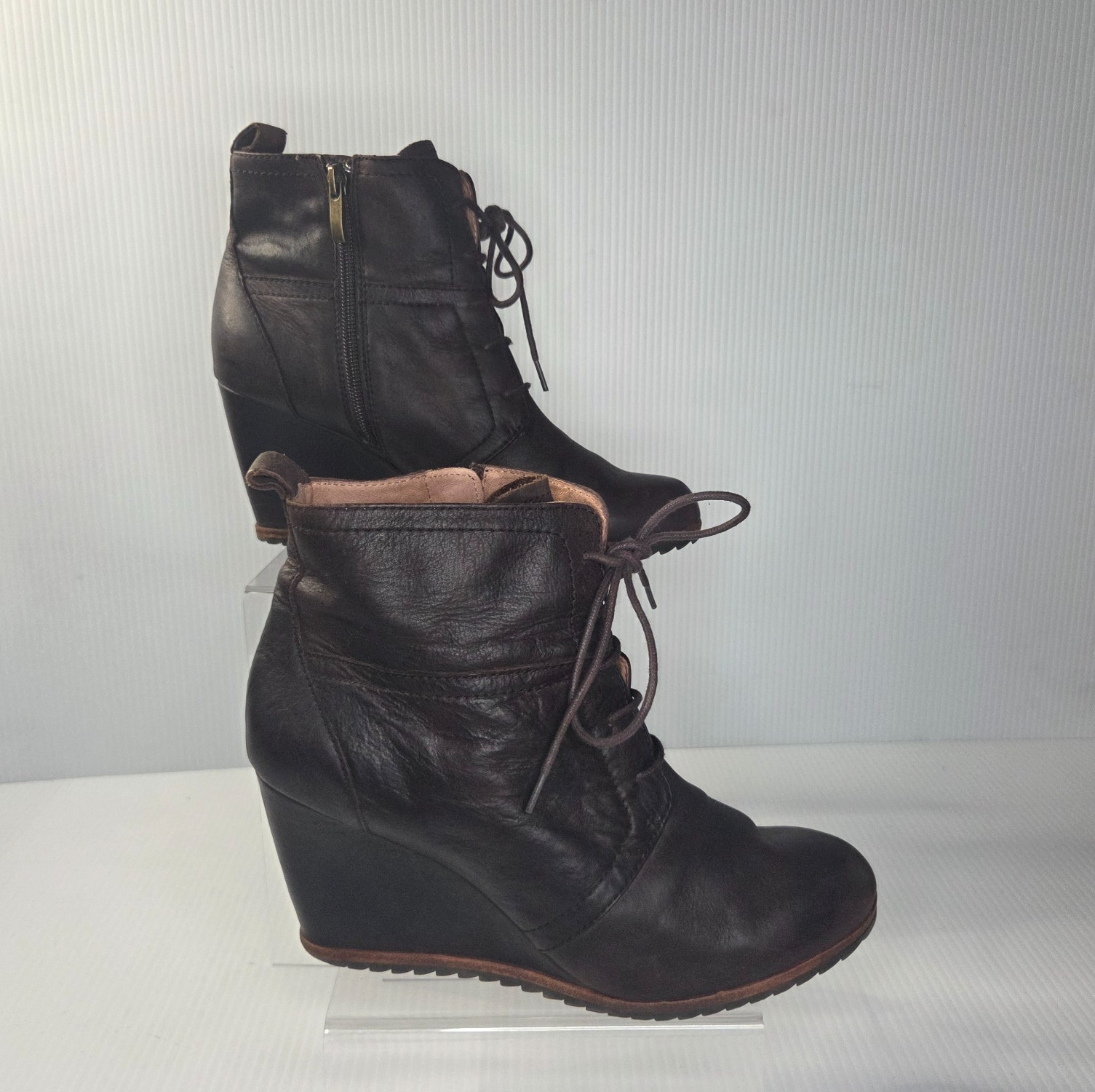 Biala Womens Brown Leather Ankle Bootie Lace Up Wedge Side Zipper 39M Euro/ 9US
