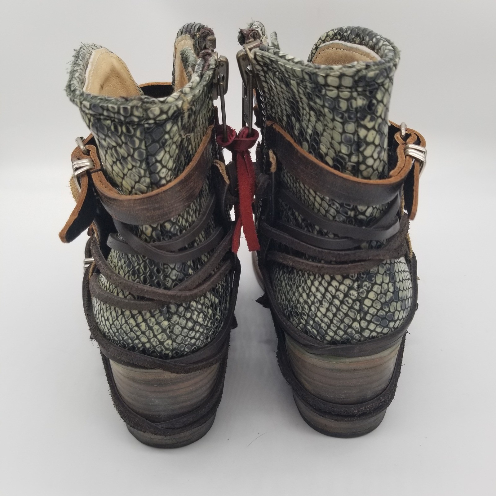 Freebird Crue Ankle Boots Womens 8 Black Green Snakeskin Leather Buckle Moto