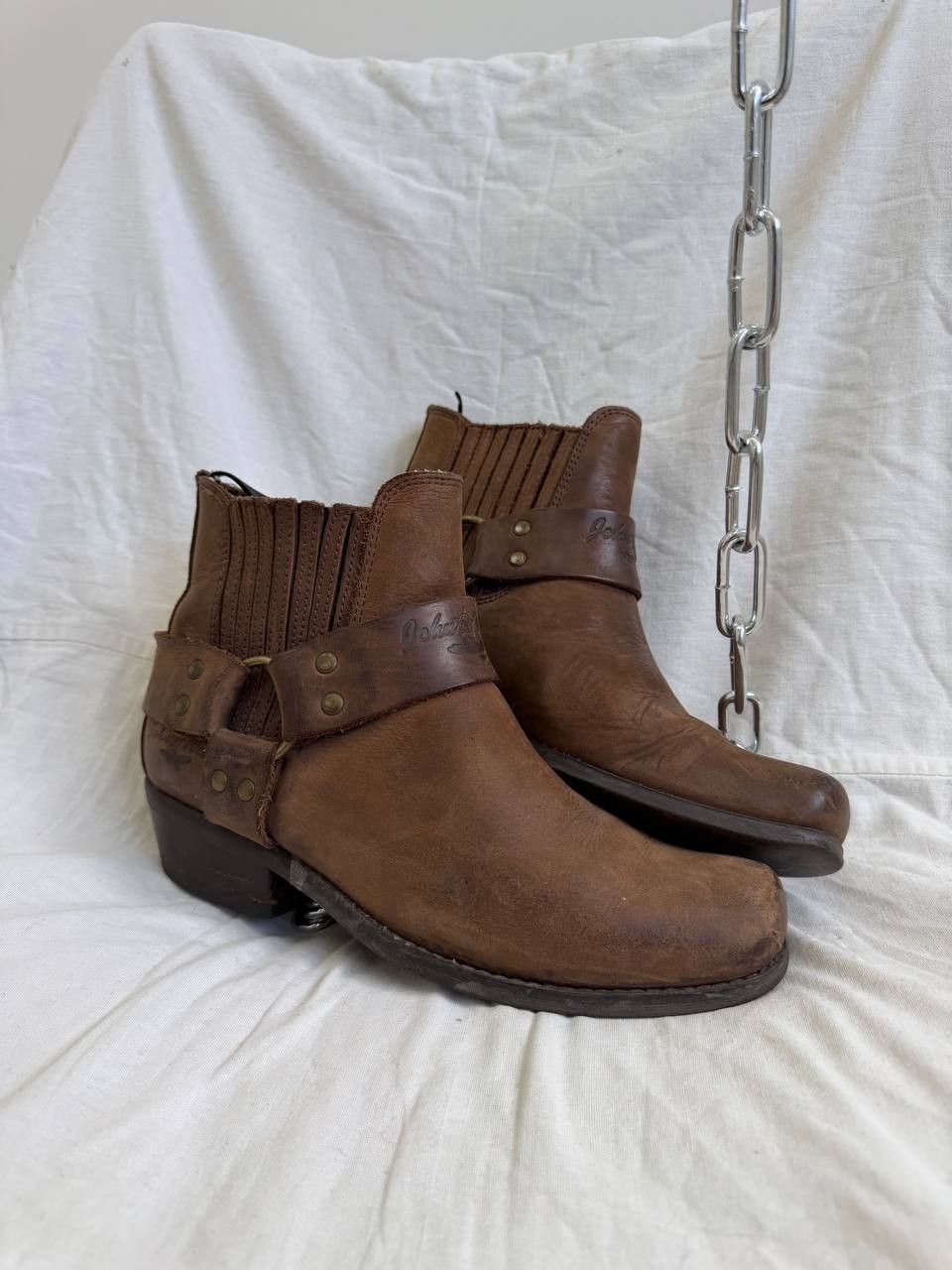 Vintage John West Spain Leather Harness Boots Brown Biker Cowboy Western Moto 39