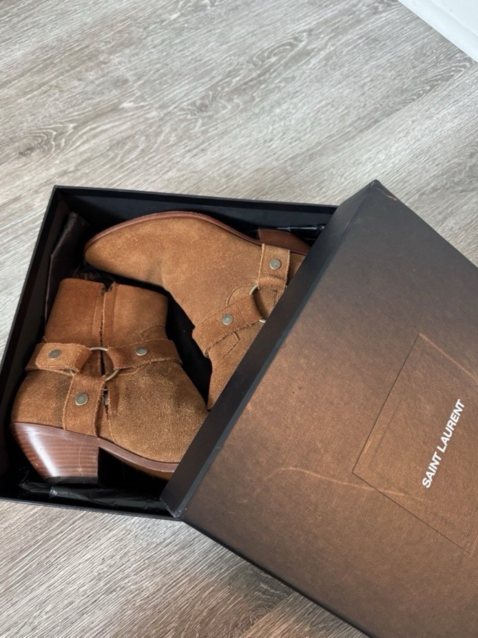Saint Laurent Wyatt Harness Ankle Boots 38 US 7.5 Brown Suede Italy Box