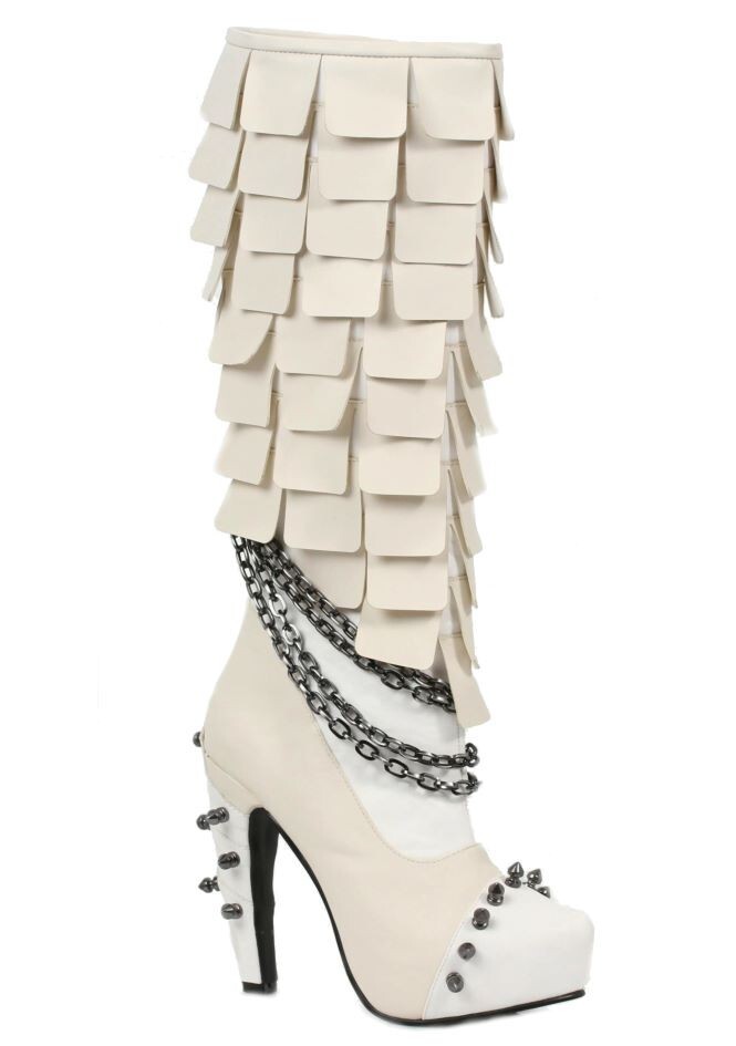 Hades White 5″ Heel Steampunk Gothic Womens Scaled Boots w/Chains CAYMENE Size 8