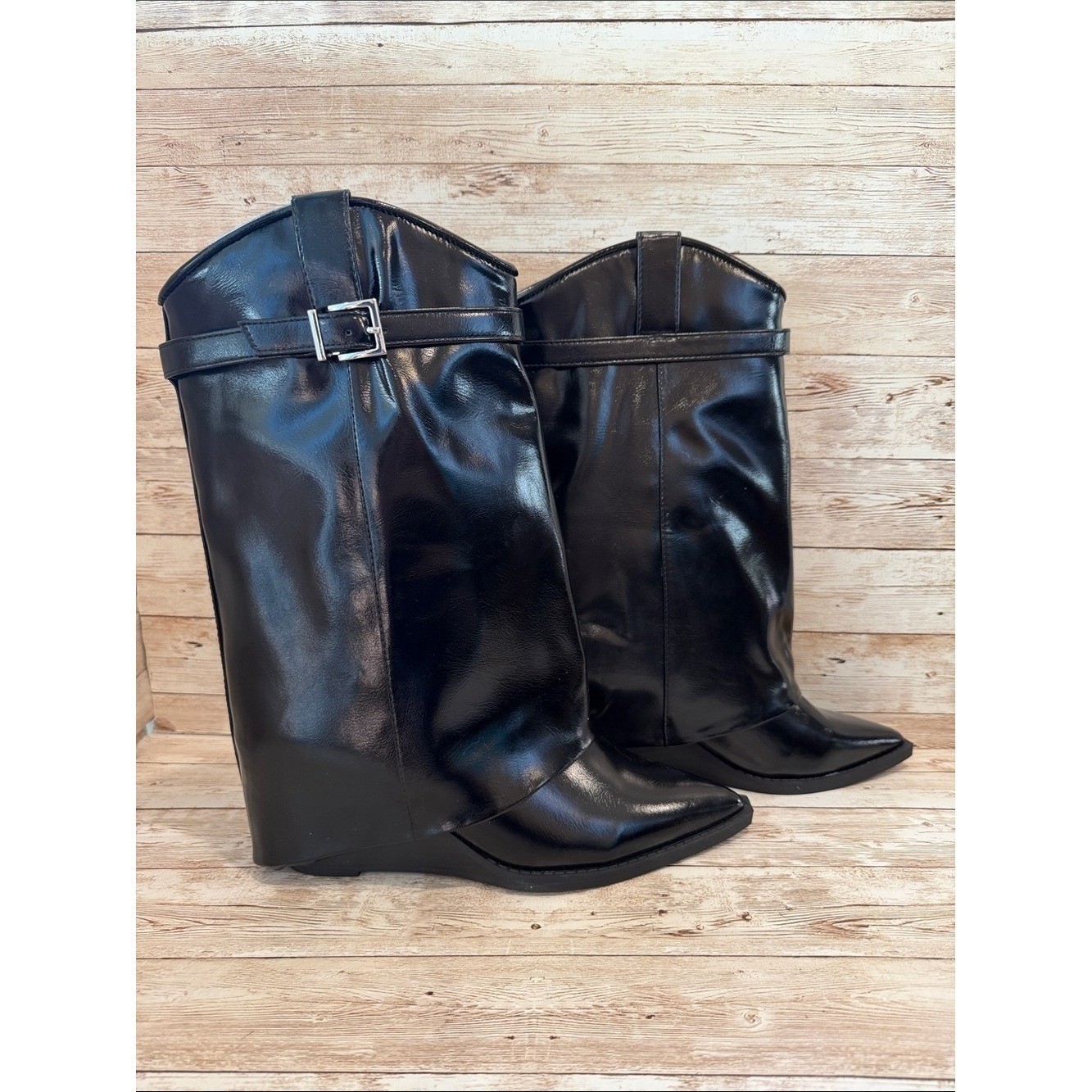 Madden Girl Joe Black Cuffed Wedge Western Dress Booties Pointed Toe Buckle 3″