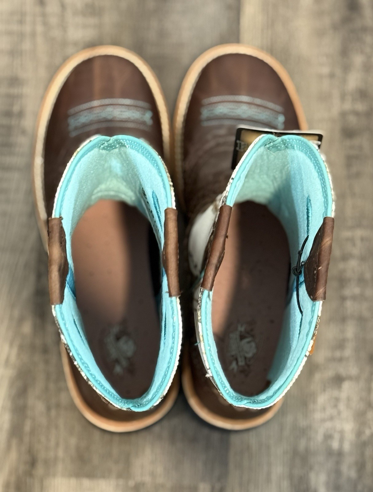 Ariat Fatbaby Brown Leather Cowboy Boots with Teal/White True Timber Camo Sz 10