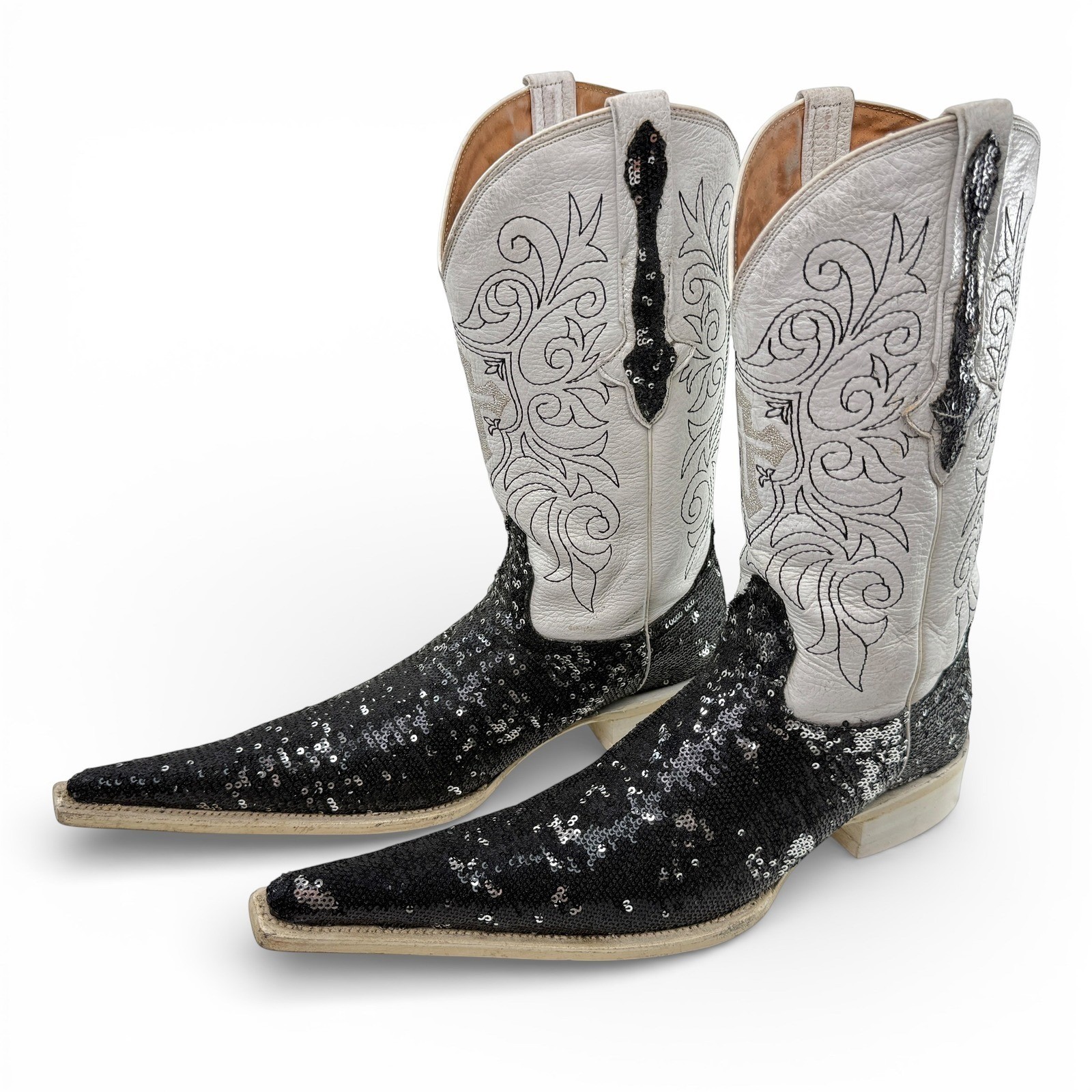 El General Sequin Western Cowboy Boot Women 8 Sharp Pointed Snip Toe Cross Black