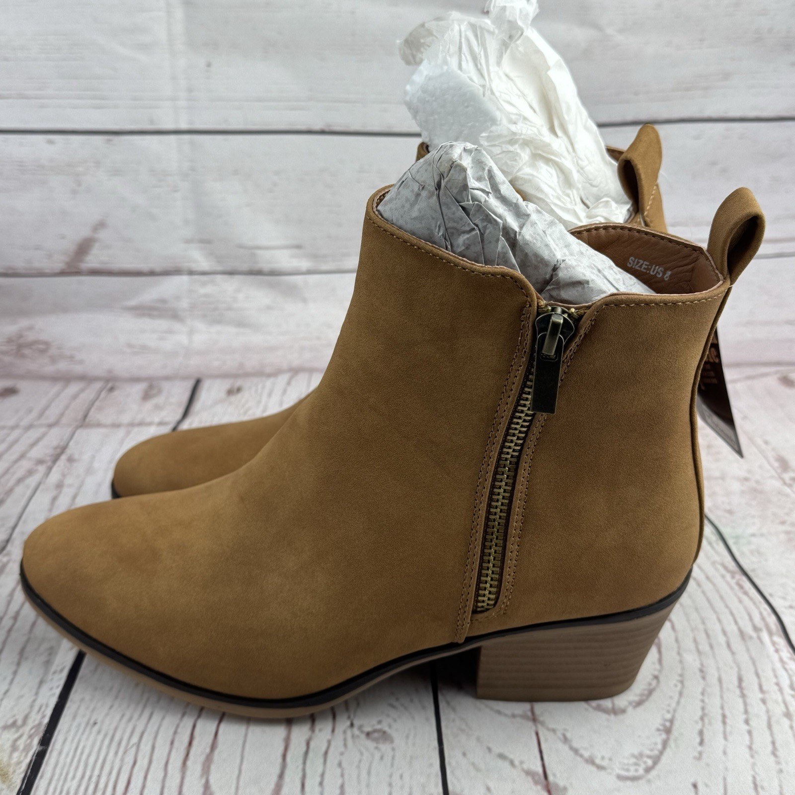 Women Ankle Boots Side Zipper Low Heel Dress Booties Tan Nubuck 8 US
