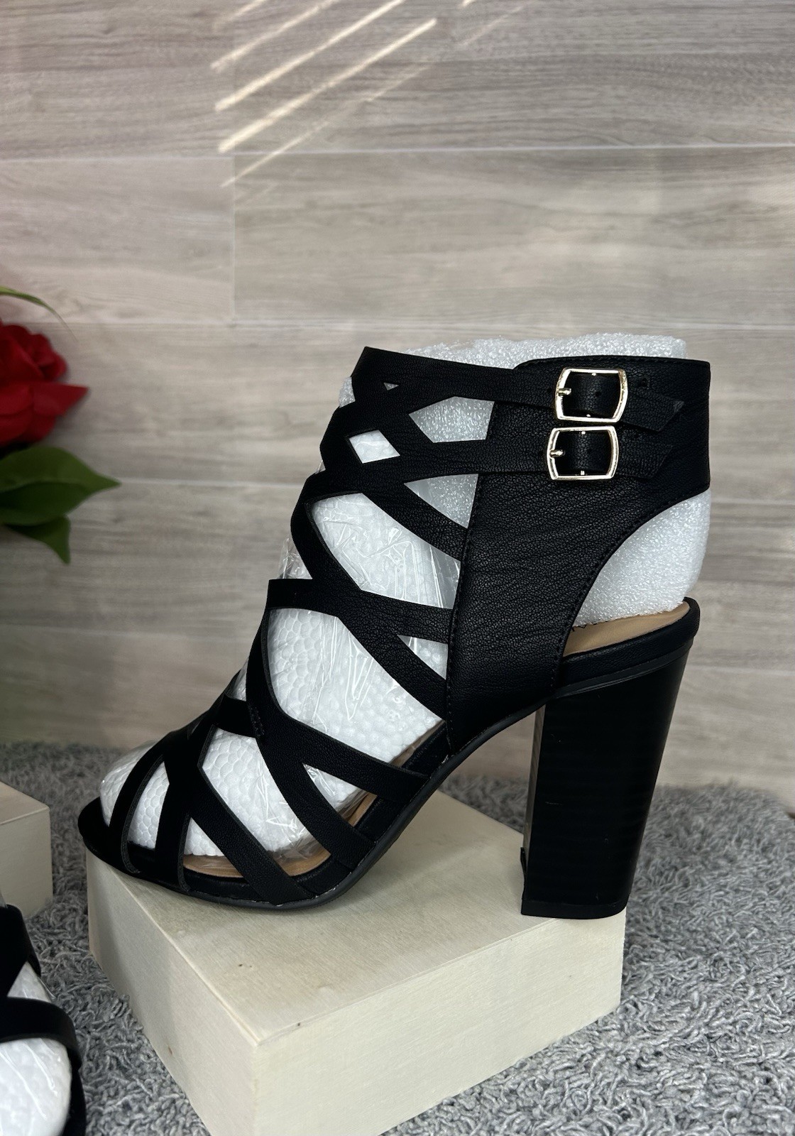 Women Black Strappy Ankle Booties Open Toe Chunky High Heel Sandals Size 8