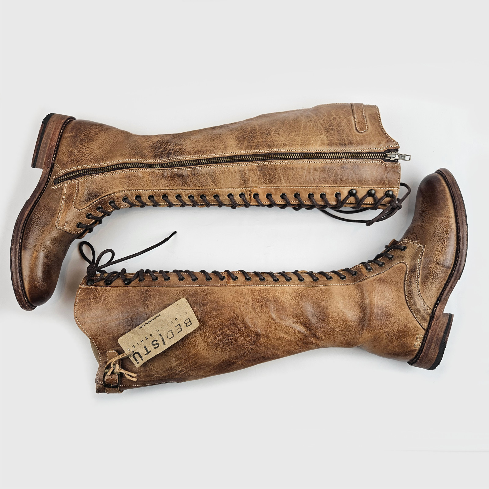BED STU Della Tall Lace Up Leather Boots Tan Rustic – Size 7 M US